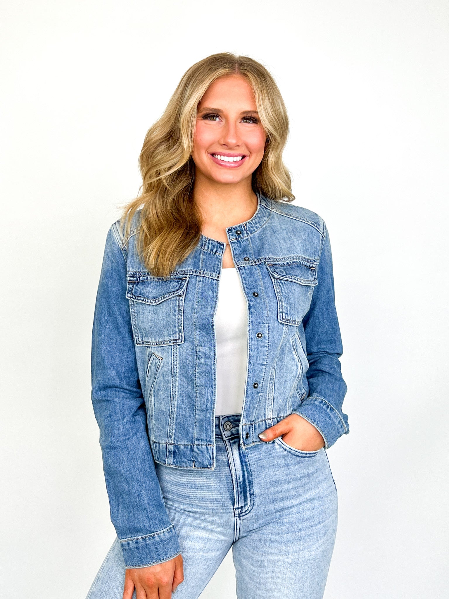 Chelsie - Collarless Denim Jacket