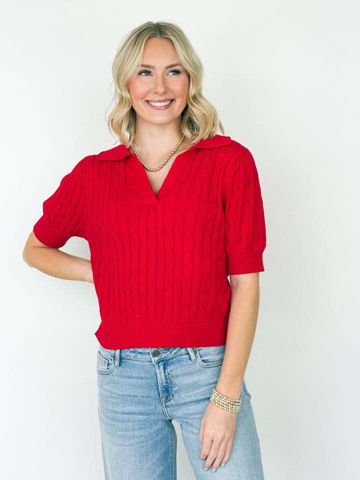 Polly - Red Cable Knit V-Neck Top