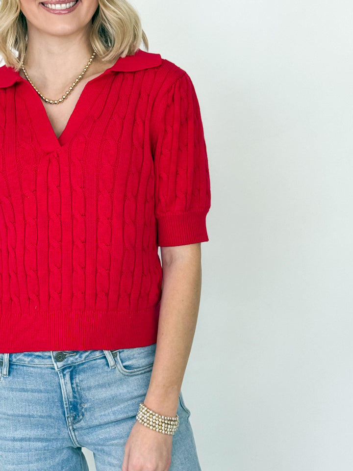Polly - Red Cable Knit V-Neck Top
