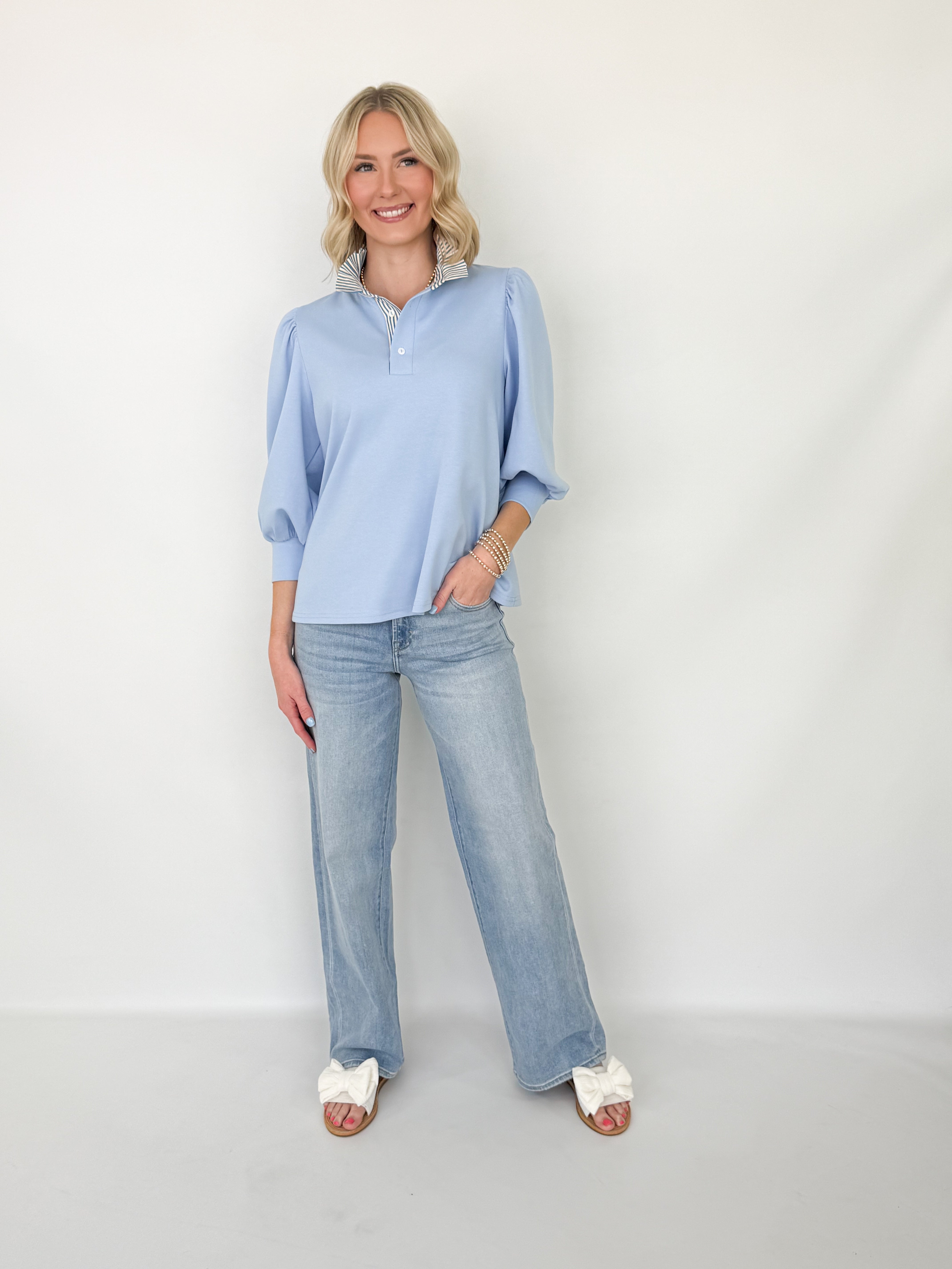 Victoria - Striped Collared 3/4 Sleeve Top (Blue)