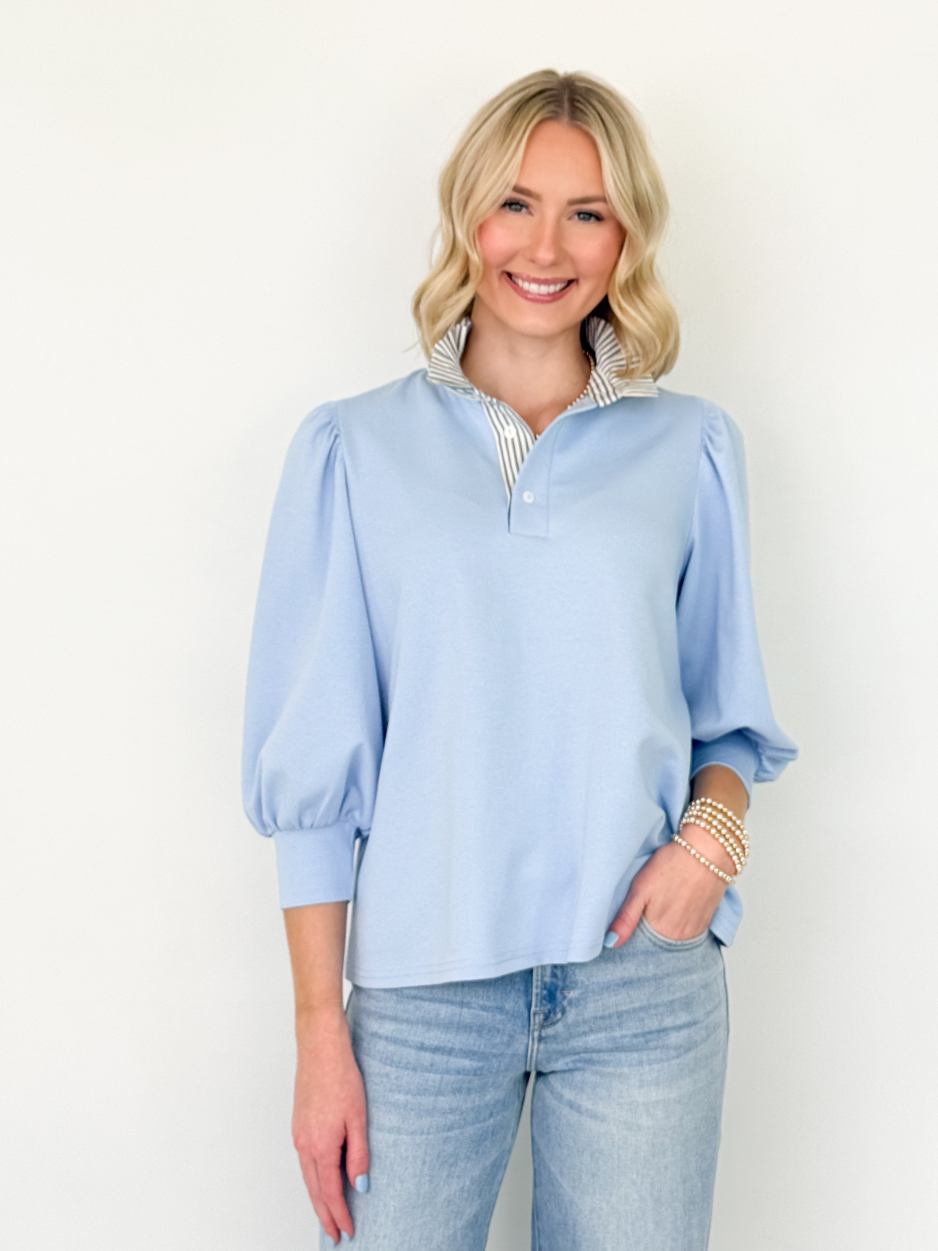 Victoria - Striped Collared 3/4 Sleeve Top (Blue)