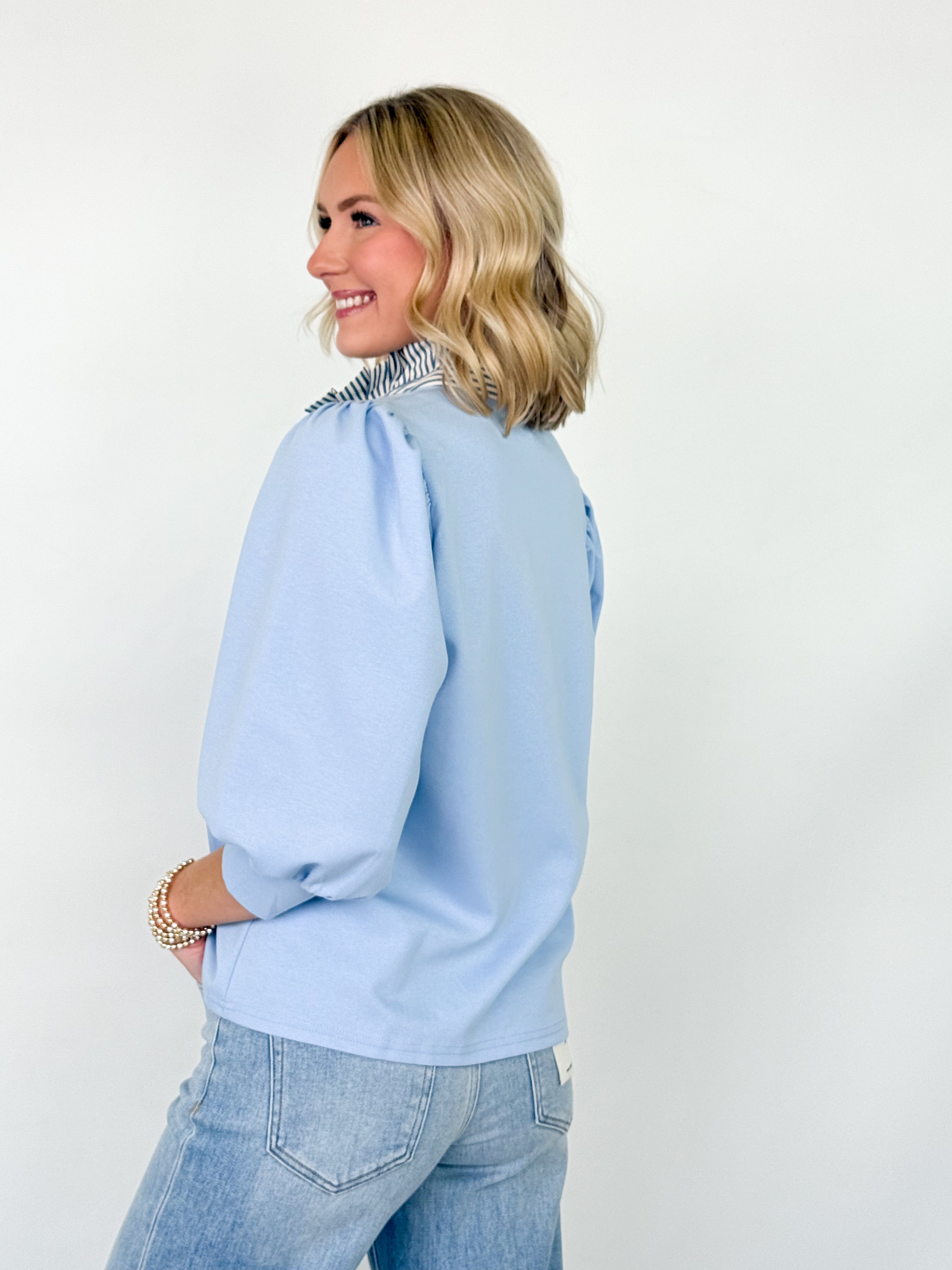Victoria - Striped Collared 3/4 Sleeve Top (Blue)