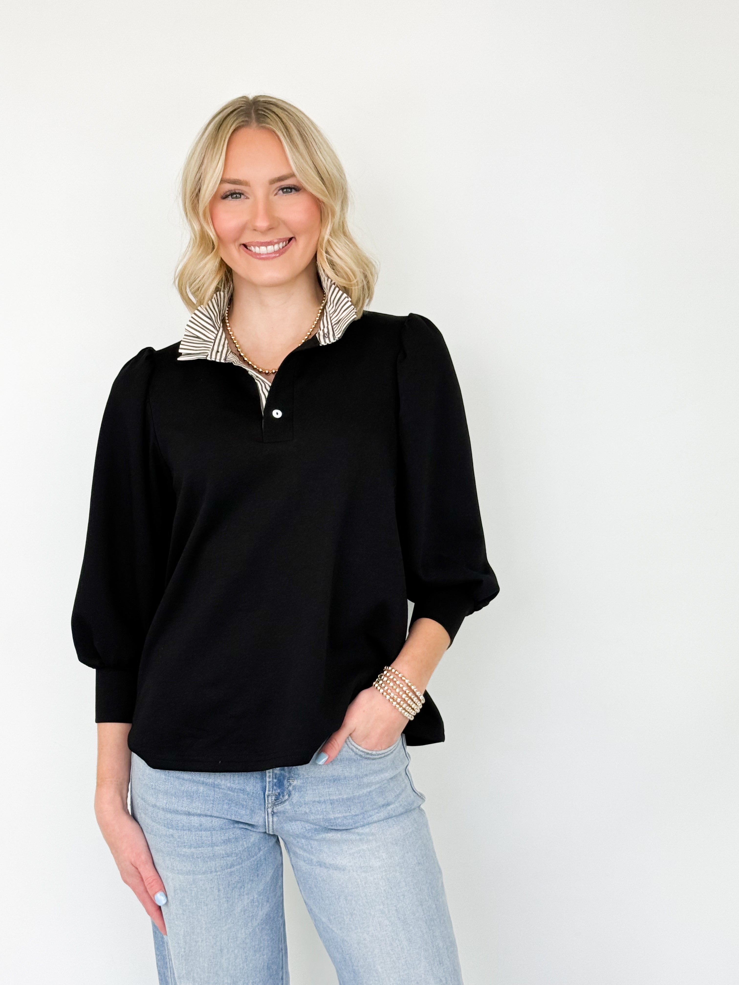 Victoria - Striped Collared 3/4 Sleeve Top (Black)