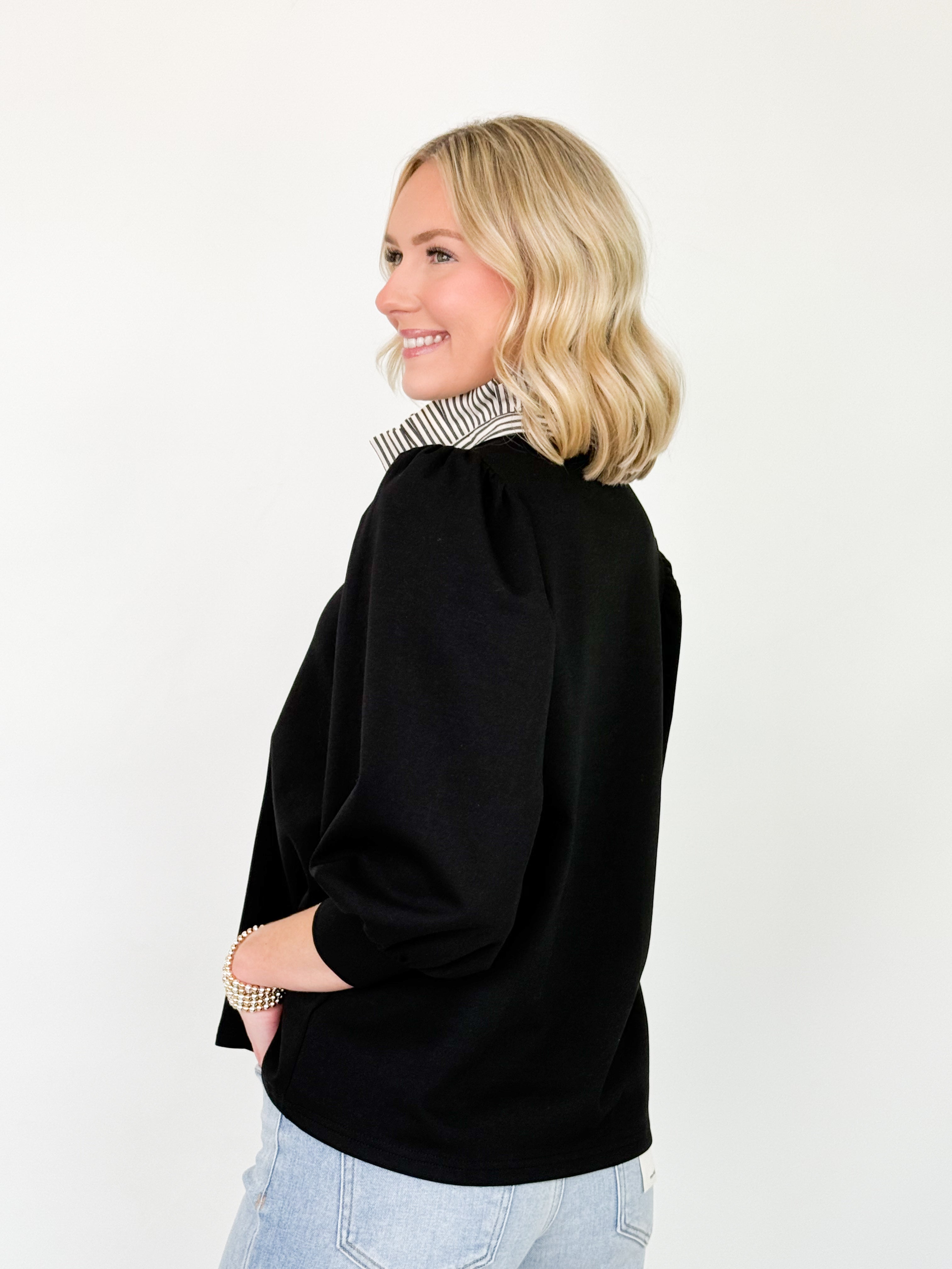 Victoria - Striped Collared 3/4 Sleeve Top (Black)