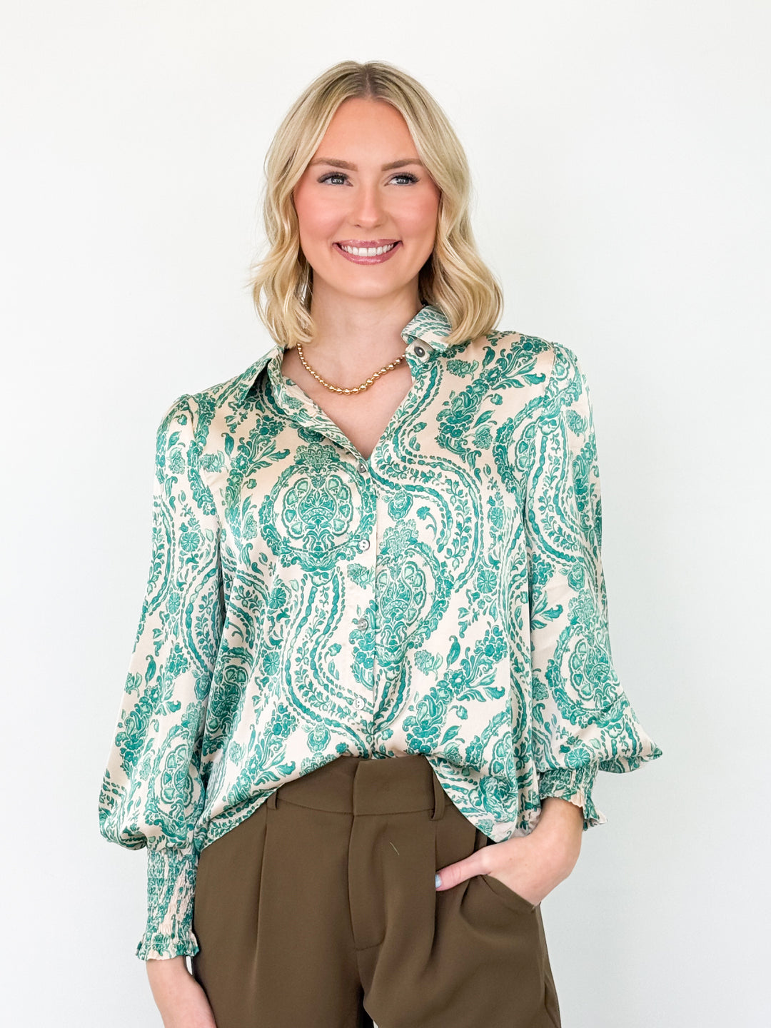 Christa - Emerald Printed Satin Blouse