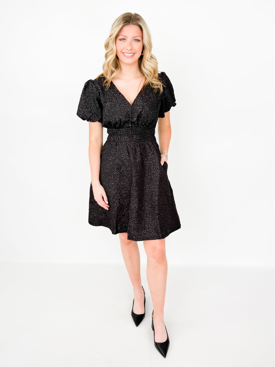 Andi- Floral Jacquard Balloon Sleeve Dress (Black)