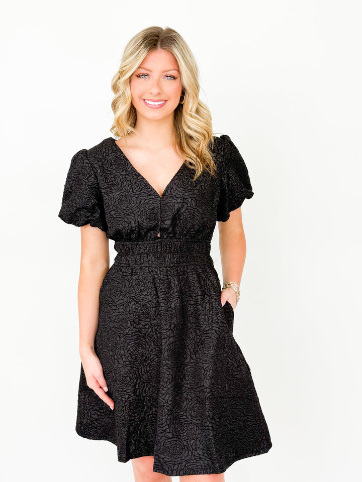 Andi- Floral Jacquard Balloon Sleeve Dress (Black)