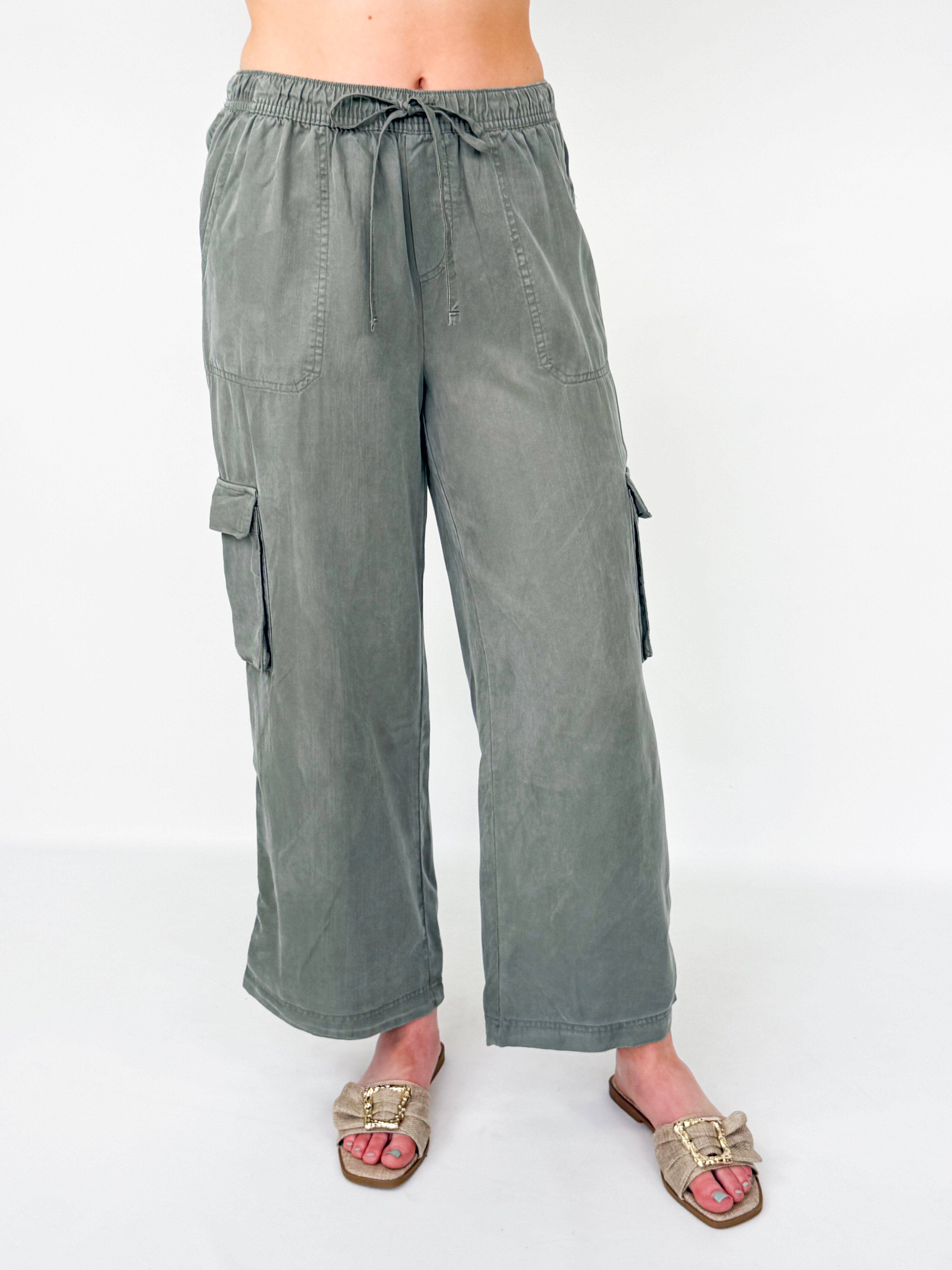 Kinsely - High Rise Drawstring Wide Leg Cargo Pants (Olive Green)