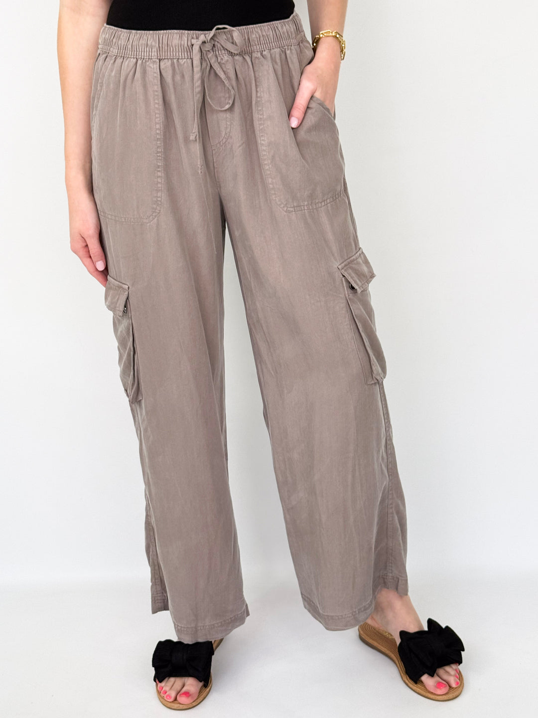 Kinsely - High Rise Drawstring Wide Leg Cargo Pants (Grey)