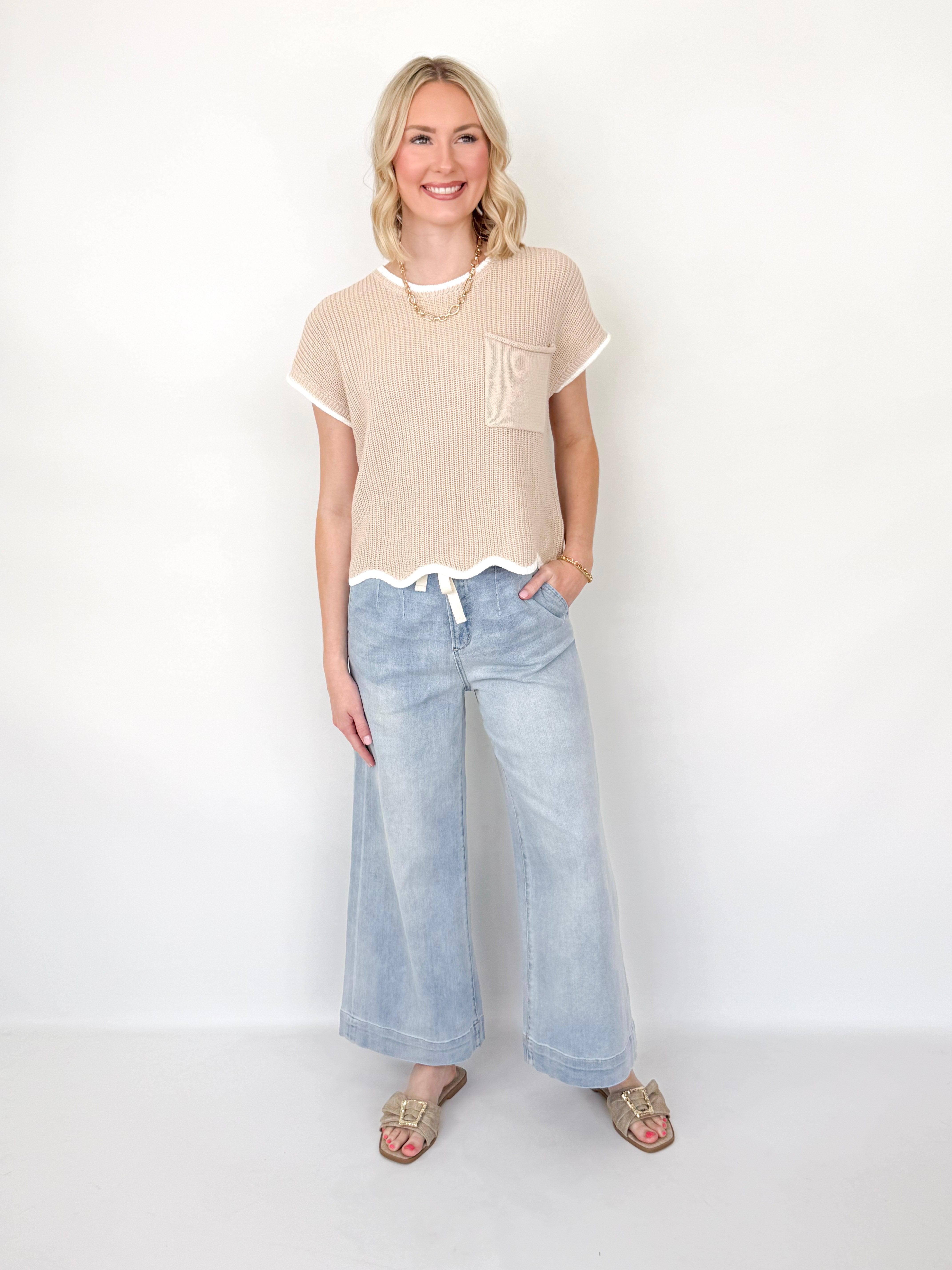 Tobi - Tan + White Scalloped Hem Knit Top