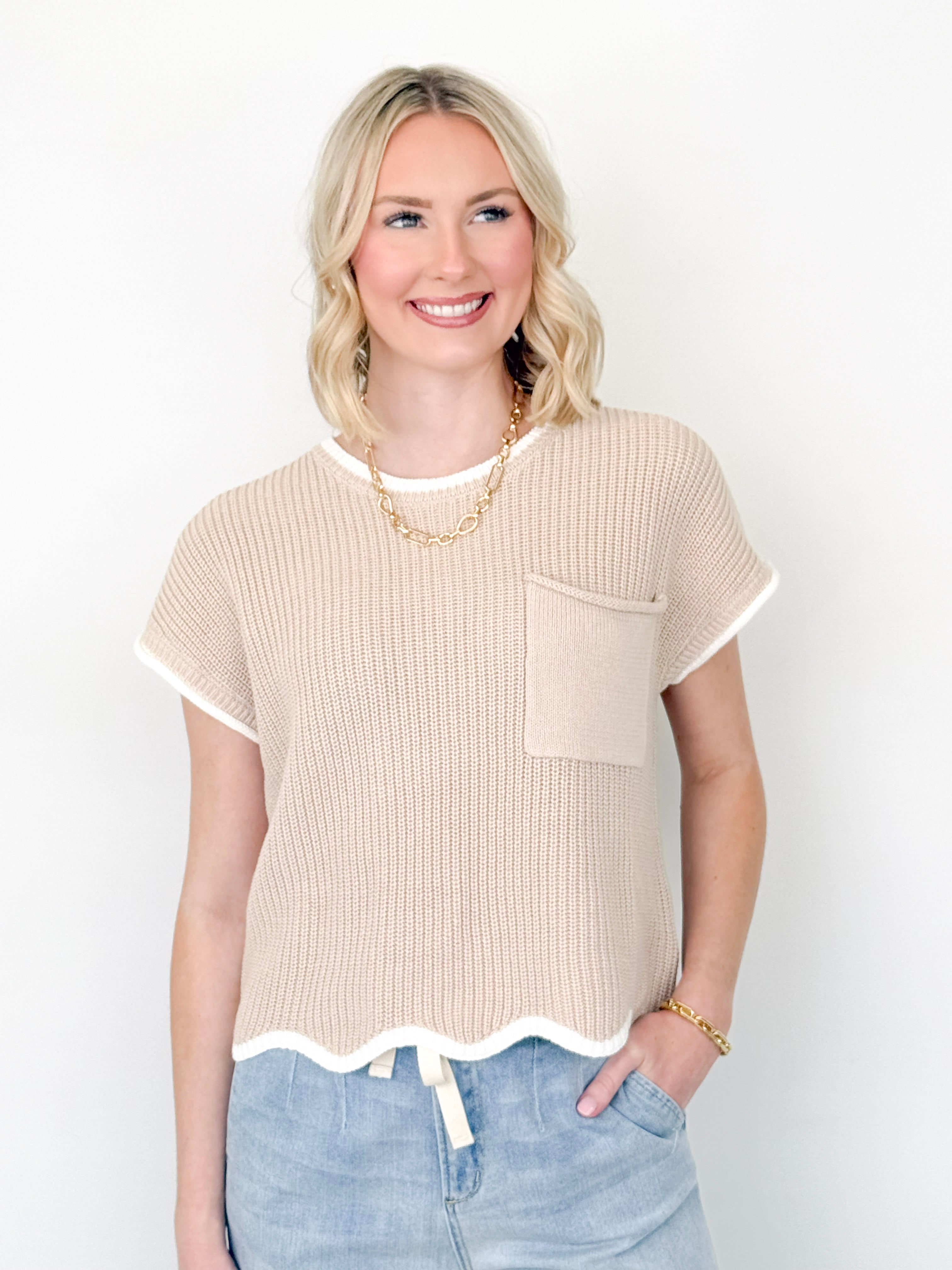 Tobi - Tan + White Scalloped Hem Knit Top