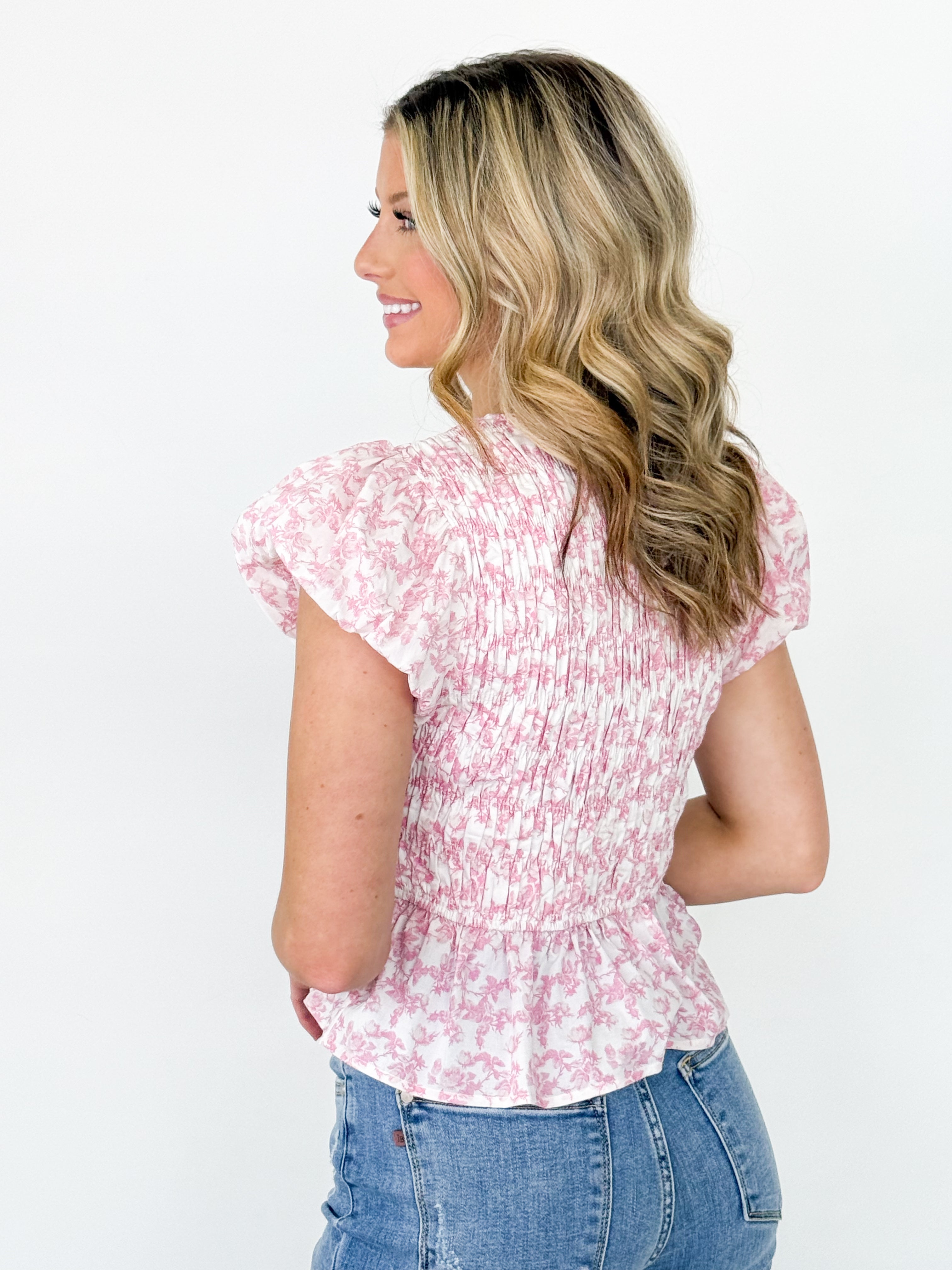Posie - Pink Floral Smocked Puff Sleeve Top