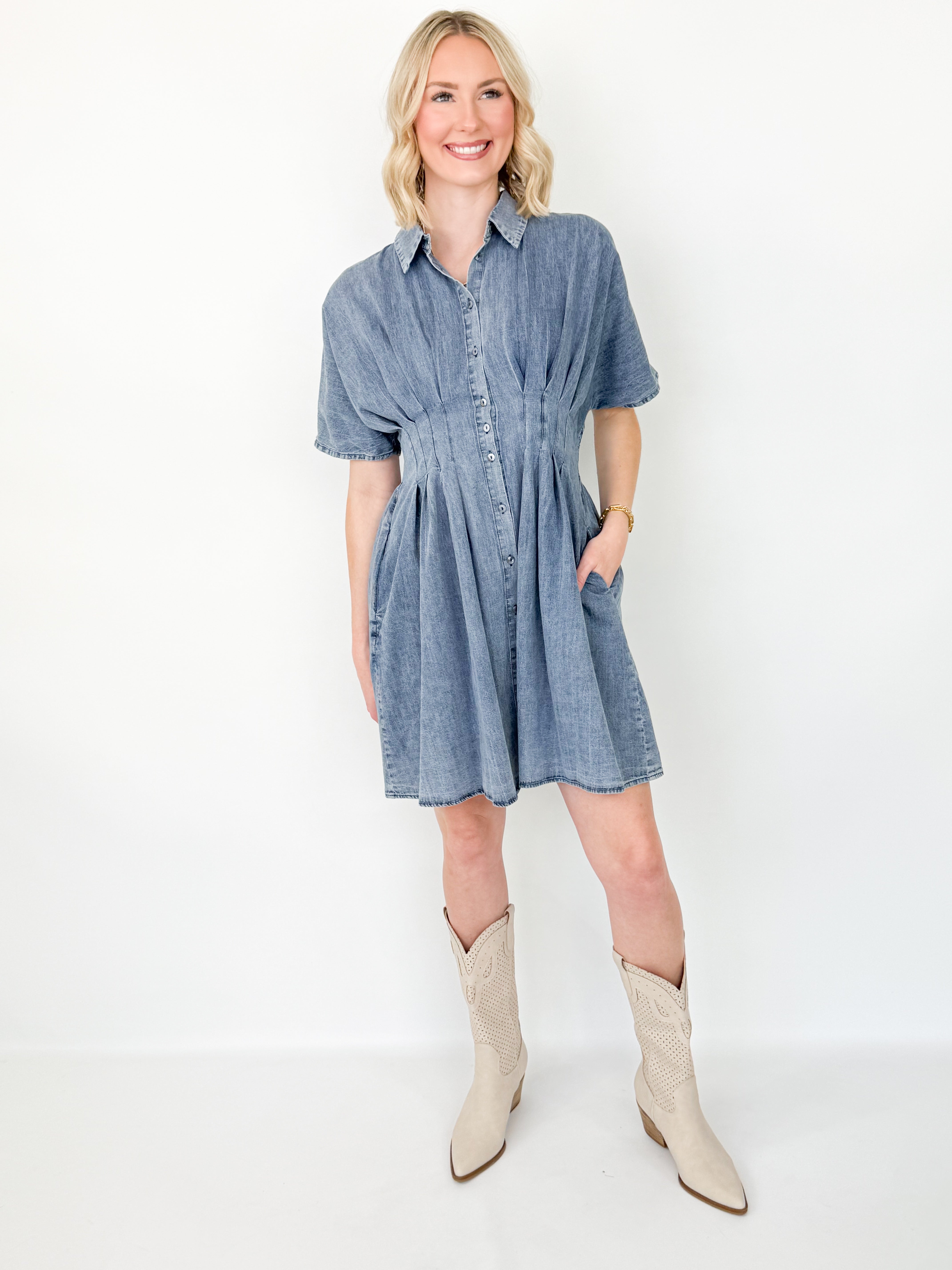 Carrie - Short Sleeve Denim Mini Dress