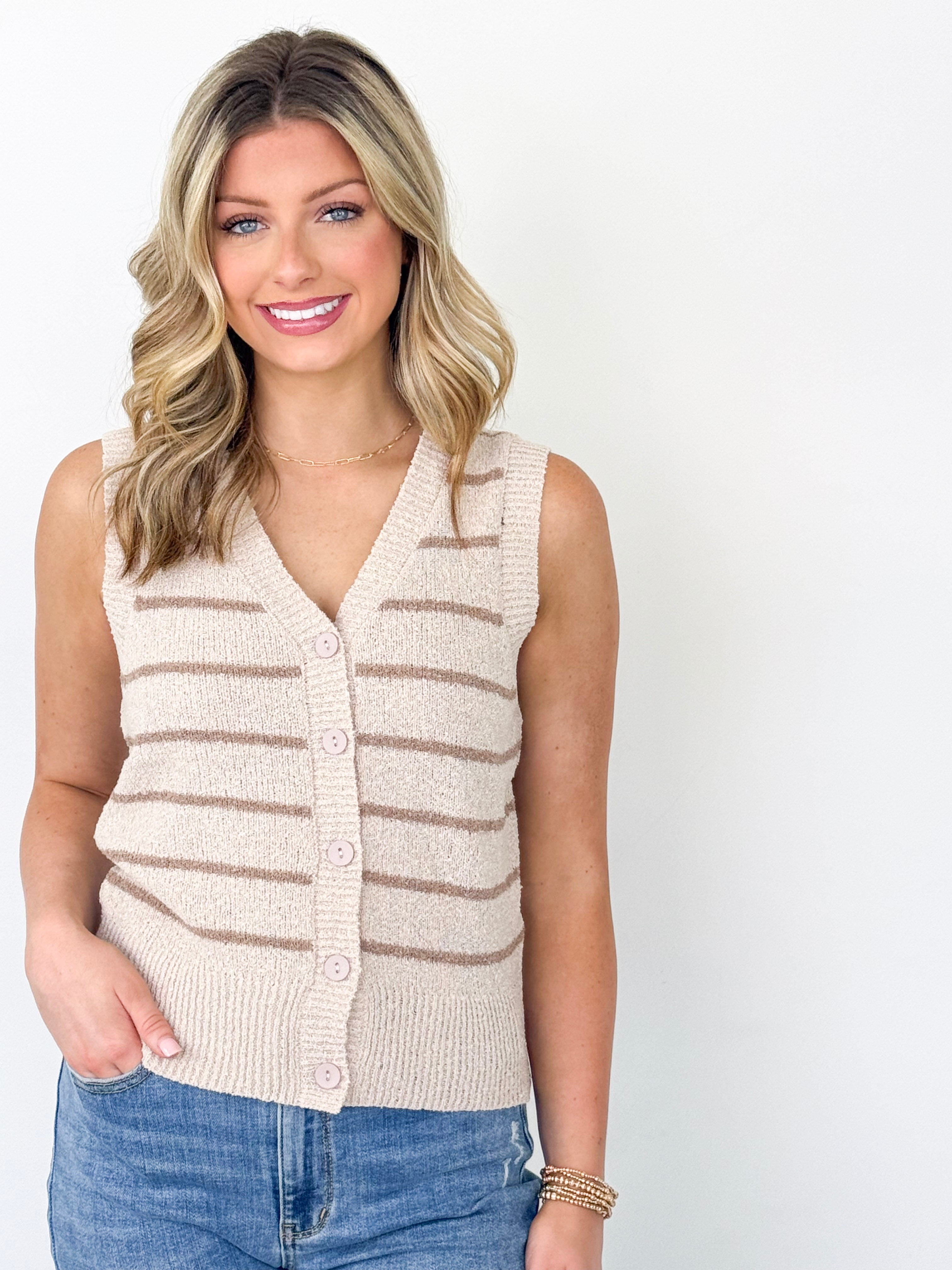 Adeline - Striped Button Up V-neck Sweater Vest