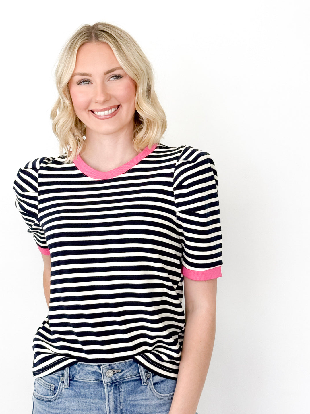 Kimmy - Striped Puff Sleeve Top (Navy)