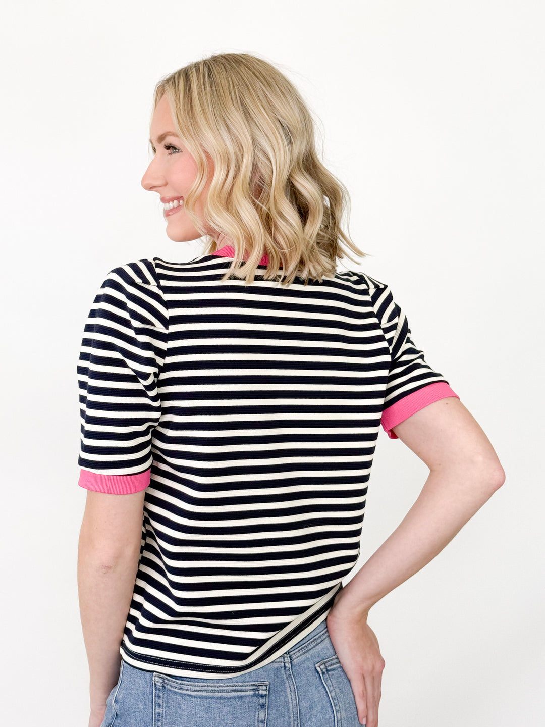 Kimmy - Striped Puff Sleeve Top (Navy)
