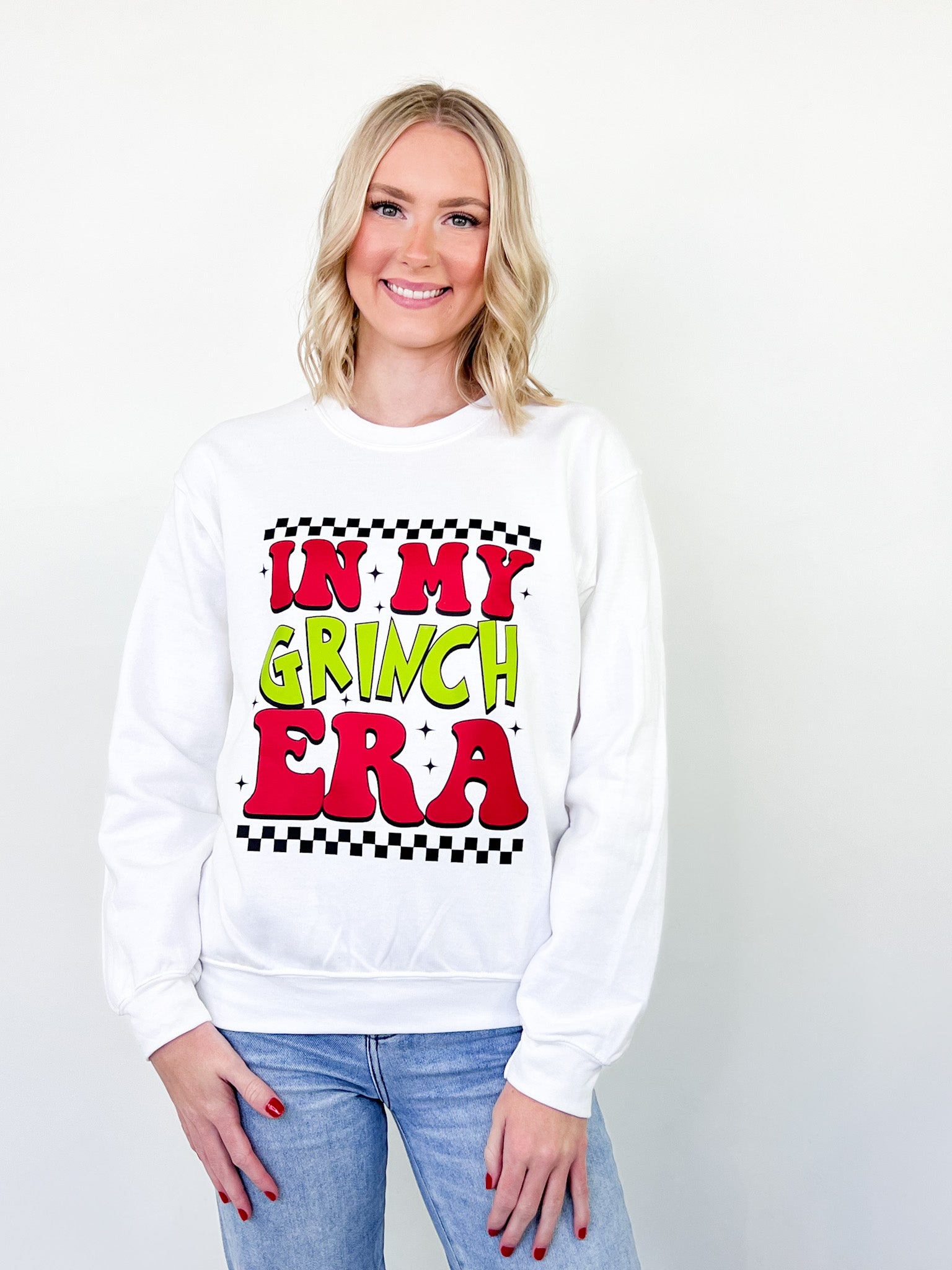 In My Grinch Era Checkered Graphic Sweatshirt (White)