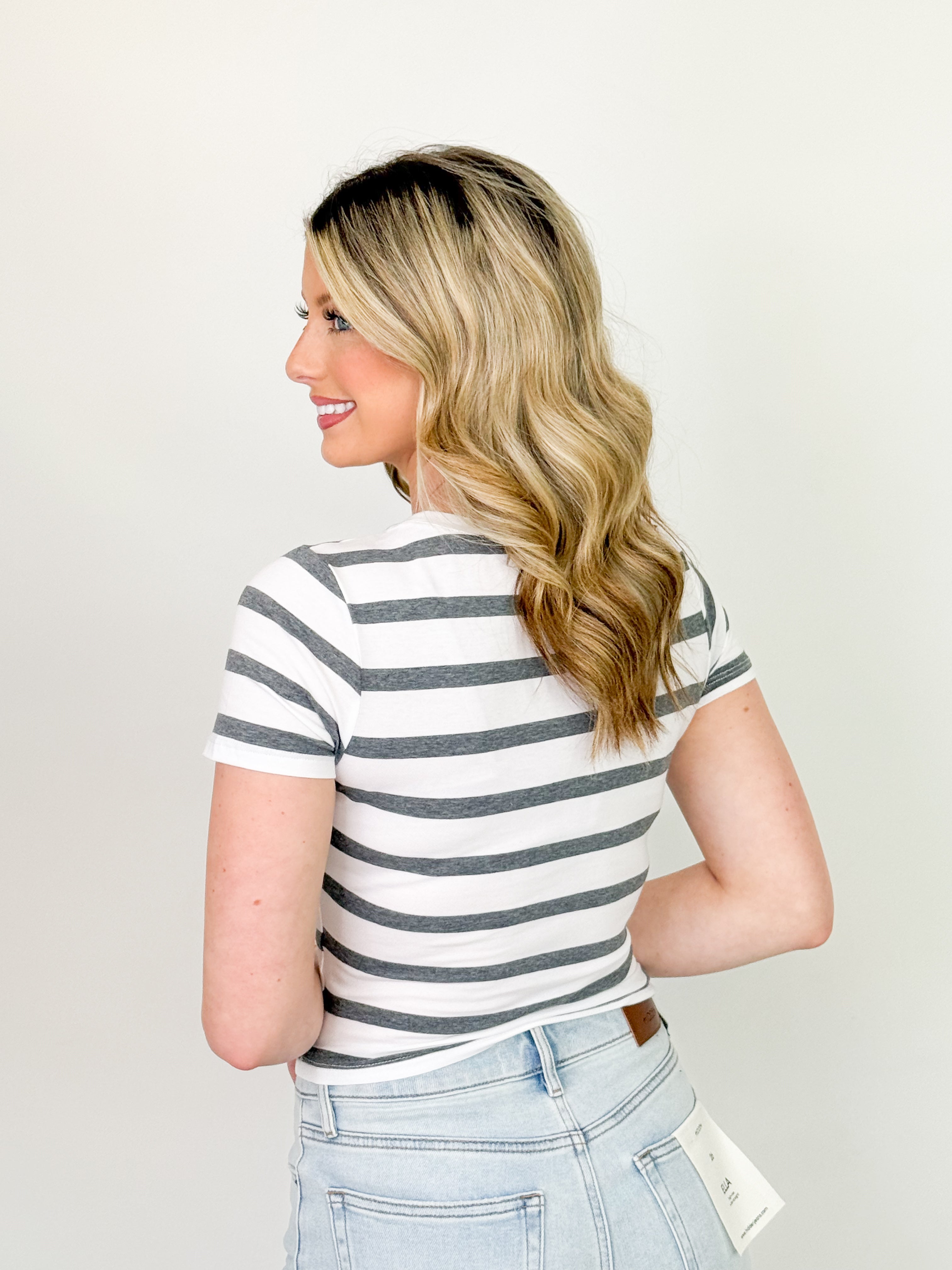 Tiffani - Basic Crew Neck Striped Top (White/Grey)