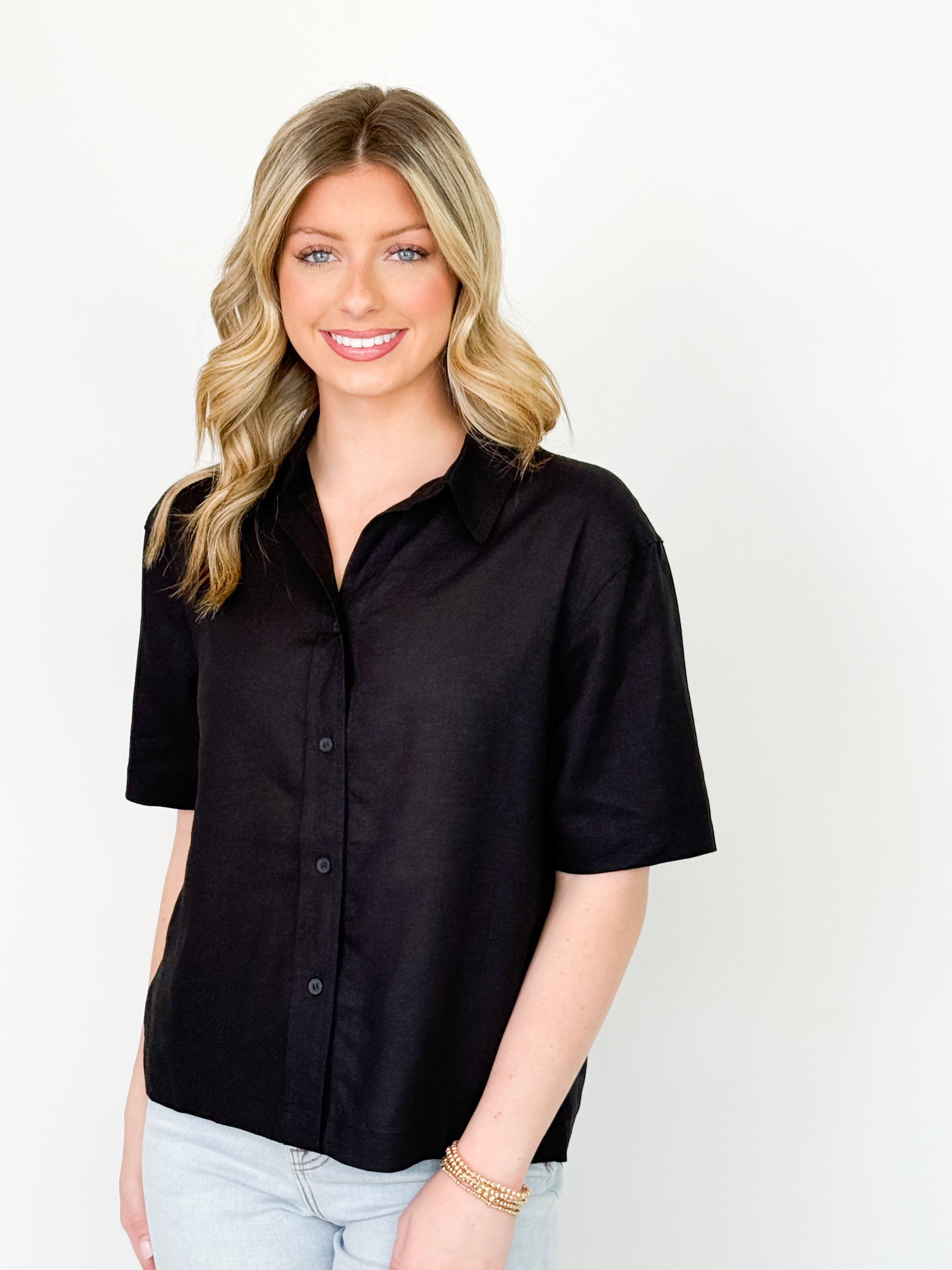 Jaylen - Button Down Linen Top (Black)