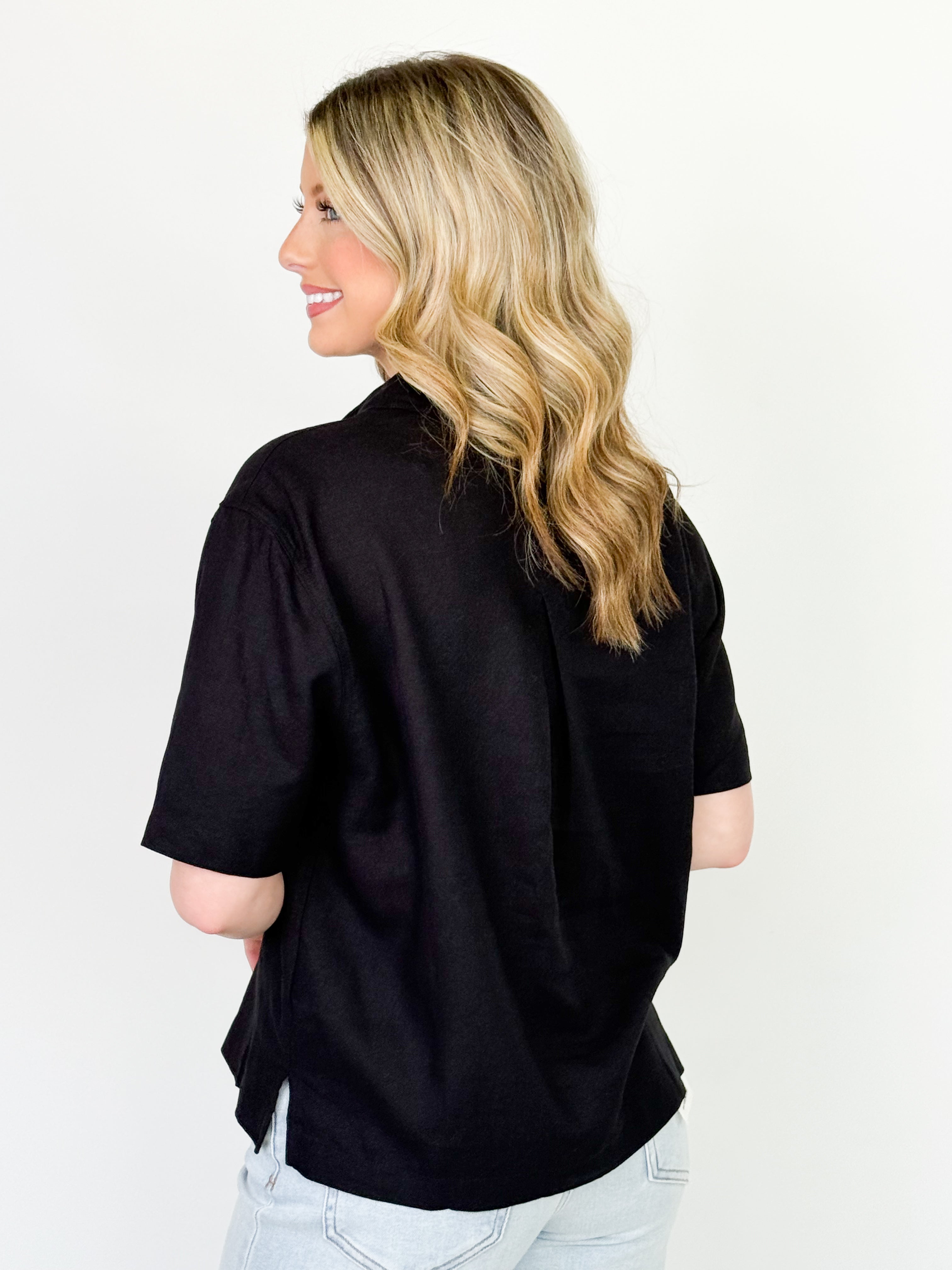 Jaylen - Button Down Linen Top (Black)