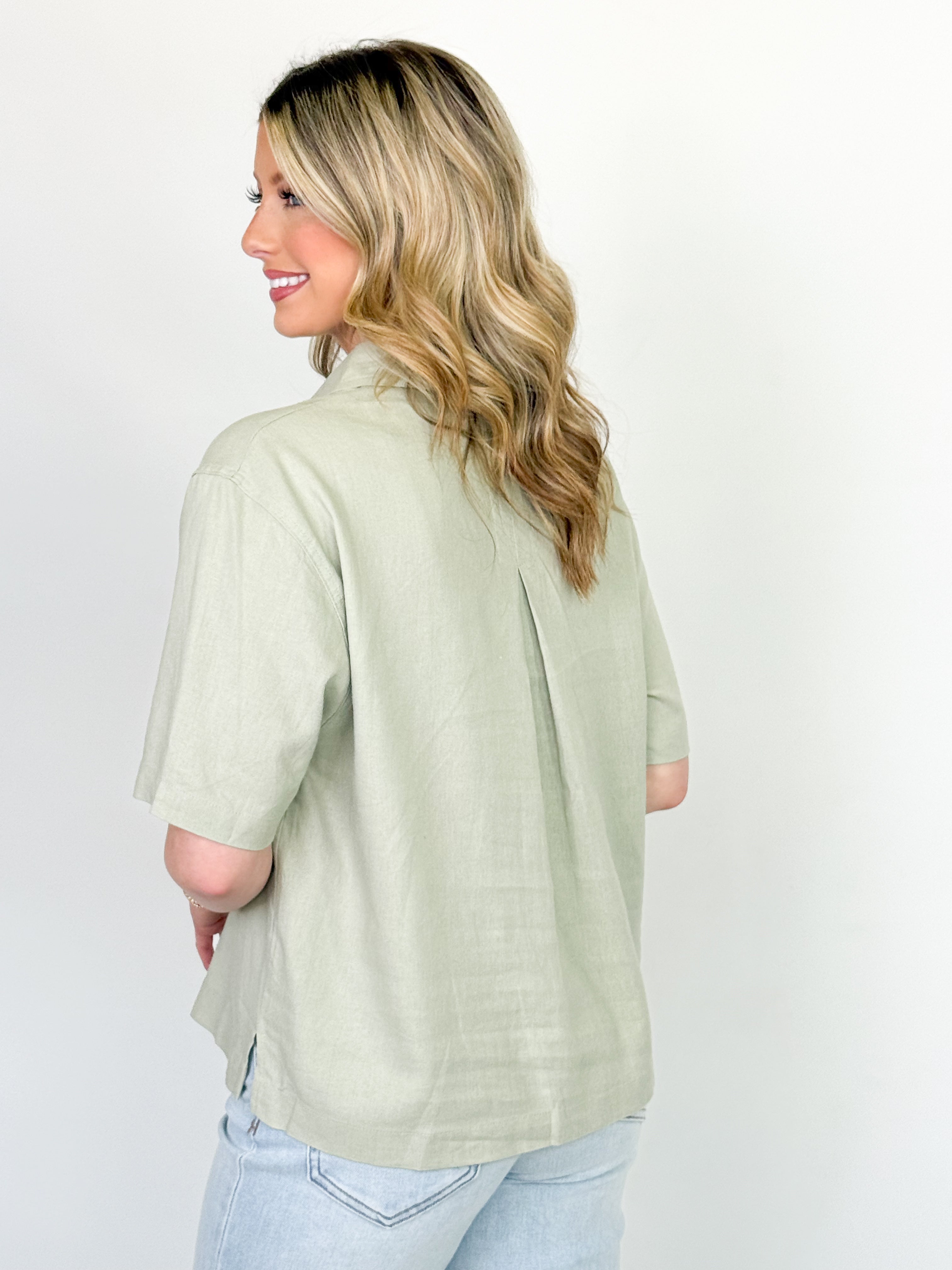 Jaylen - Button Down Linen Top (Sage Green)