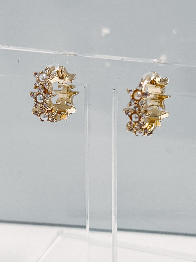 Shelby - Rhinestone/Pearl Star Huggie Earrings