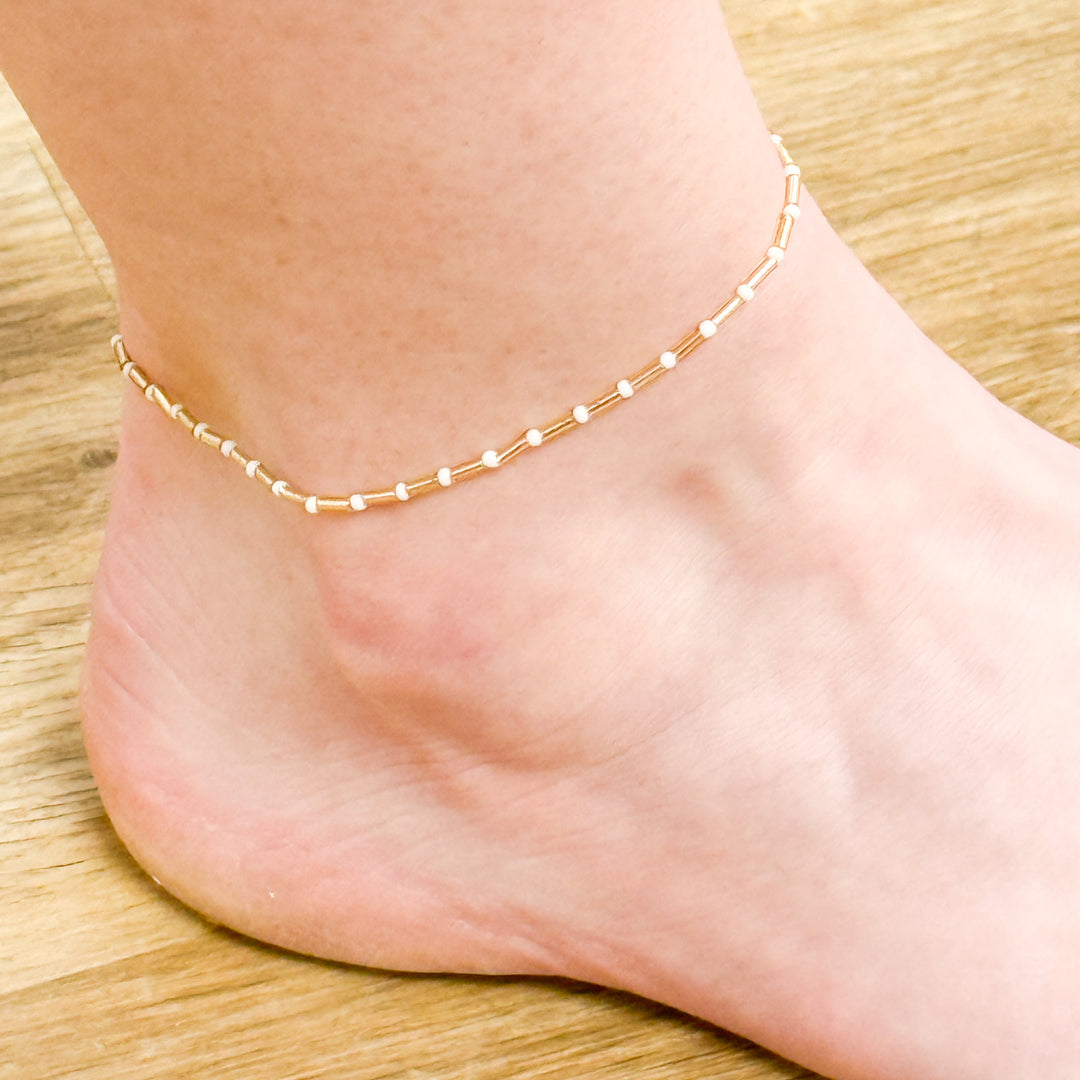 Elena - Gold Beaded Anklet (White)