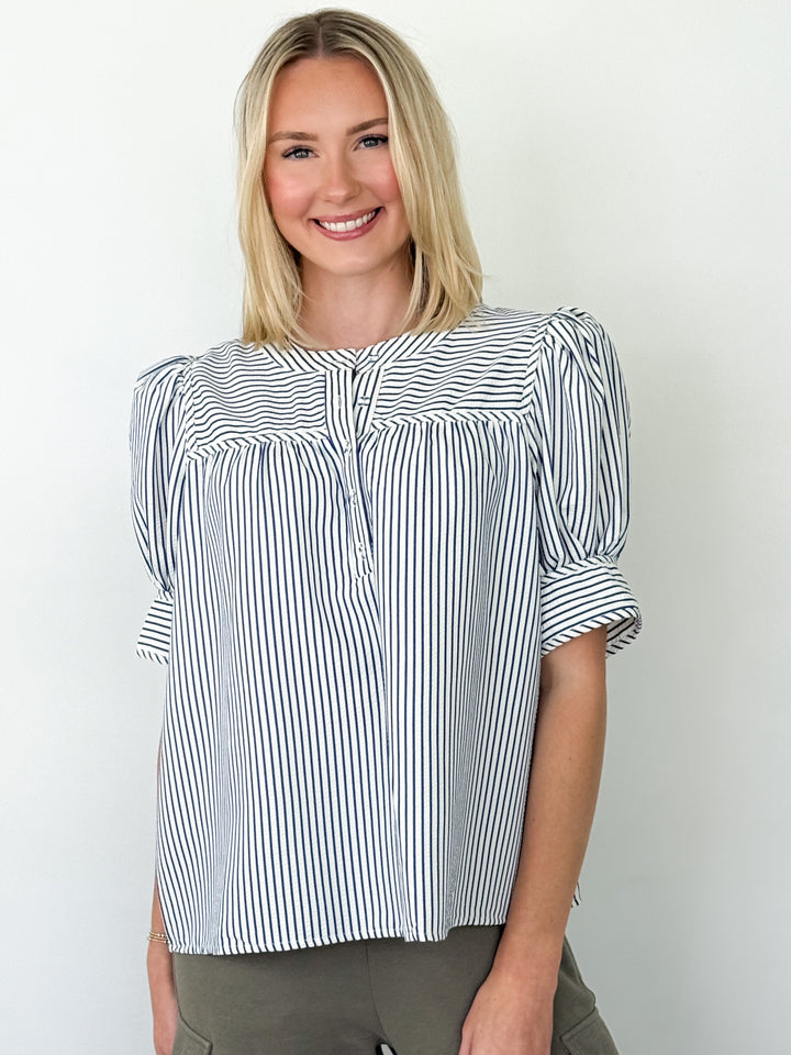 Elena - Navy Striped Puff Sleeve Top