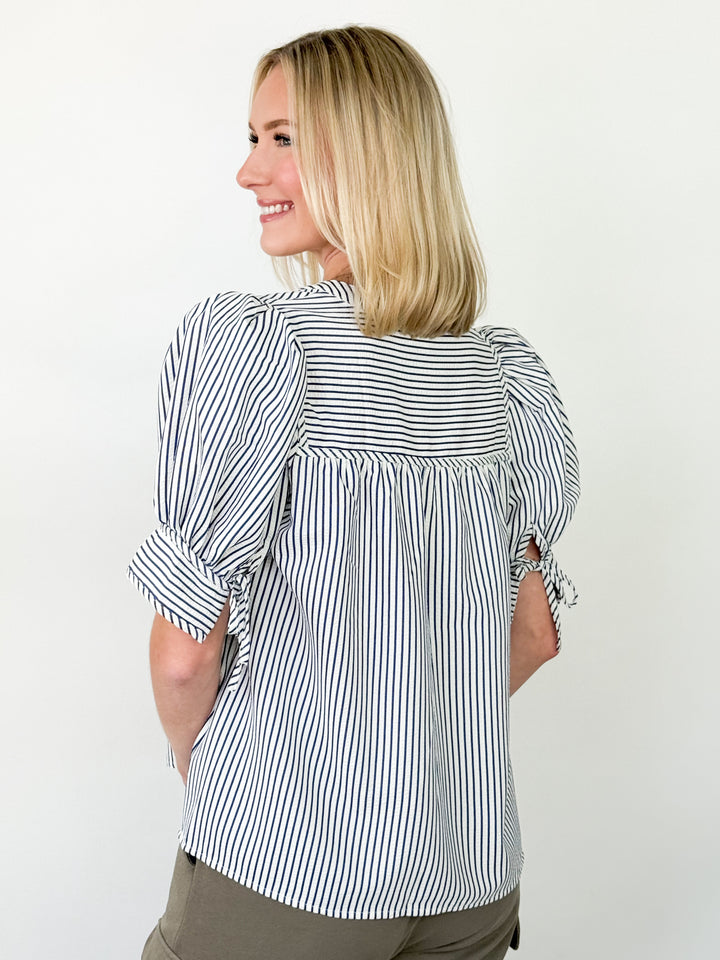 Elena - Navy Striped Puff Sleeve Top