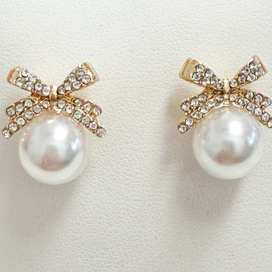 Claire - Rhinestone Bow Pearl Stud Earrings (Gold)
