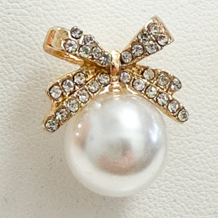 Claire - Rhinestone Bow Pearl Stud Earrings (Gold)