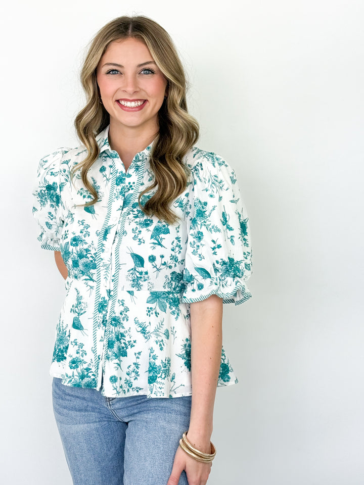 Tinsley - Teal Floral Button Down Top