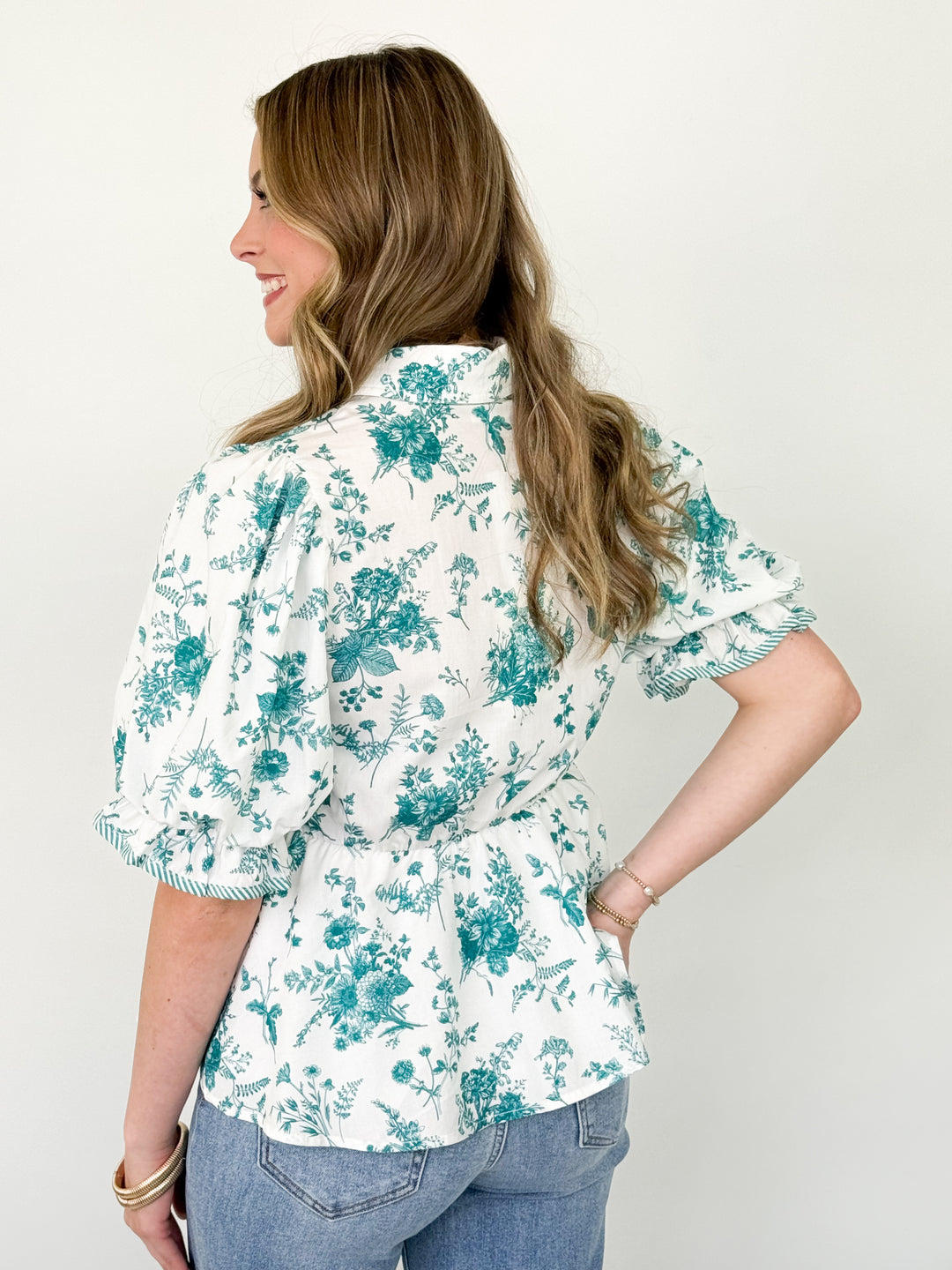 Tinsley - Teal Floral Button Down Top