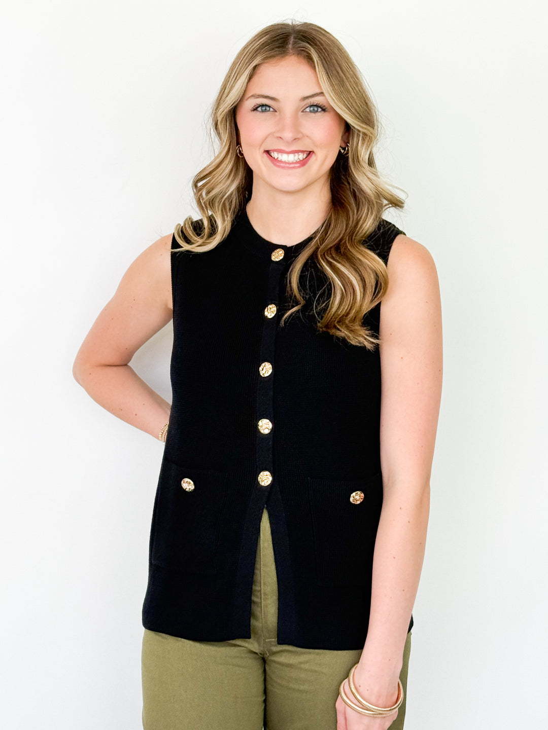 Laura - Button Down Knit Top (Black)