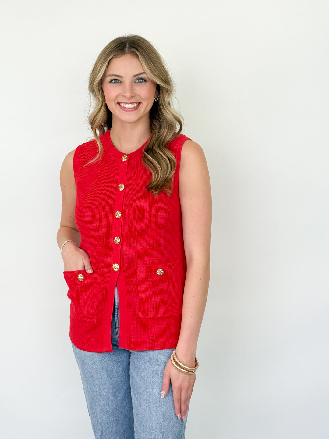Laura - Button Down Knit Top (Red)