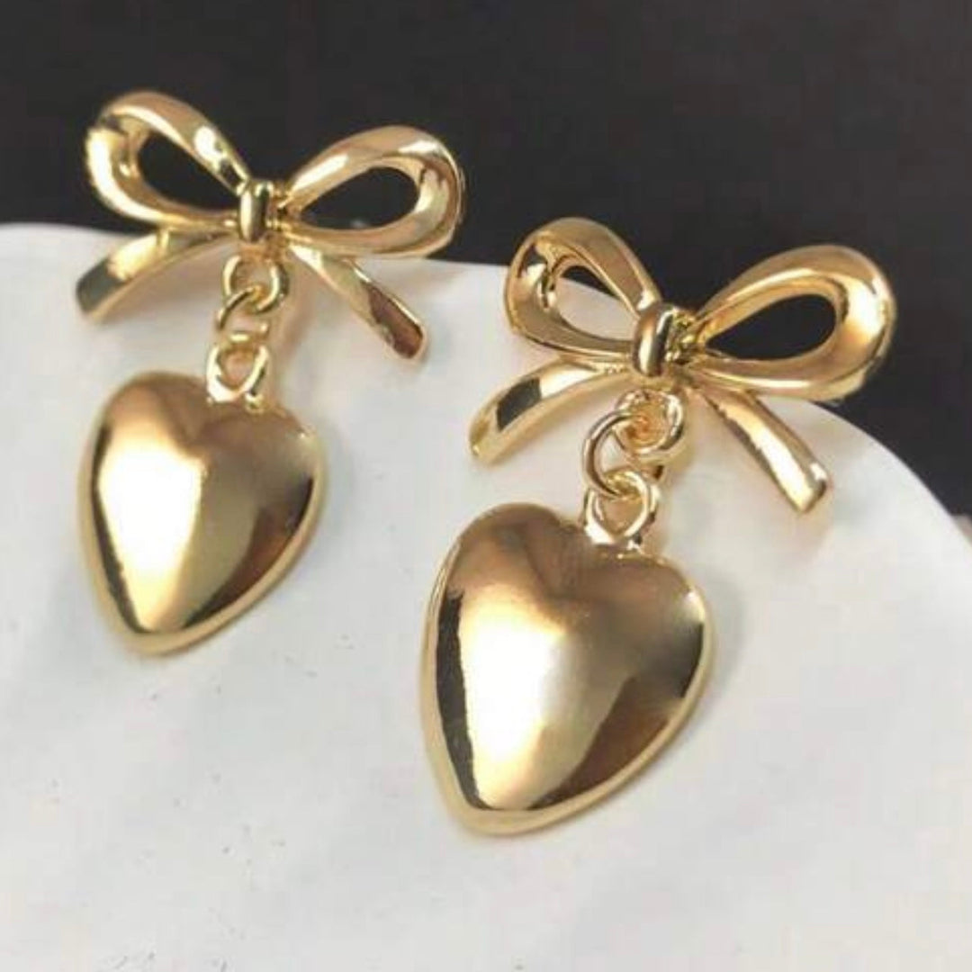 Gold Dangle Heart Bow Earrings