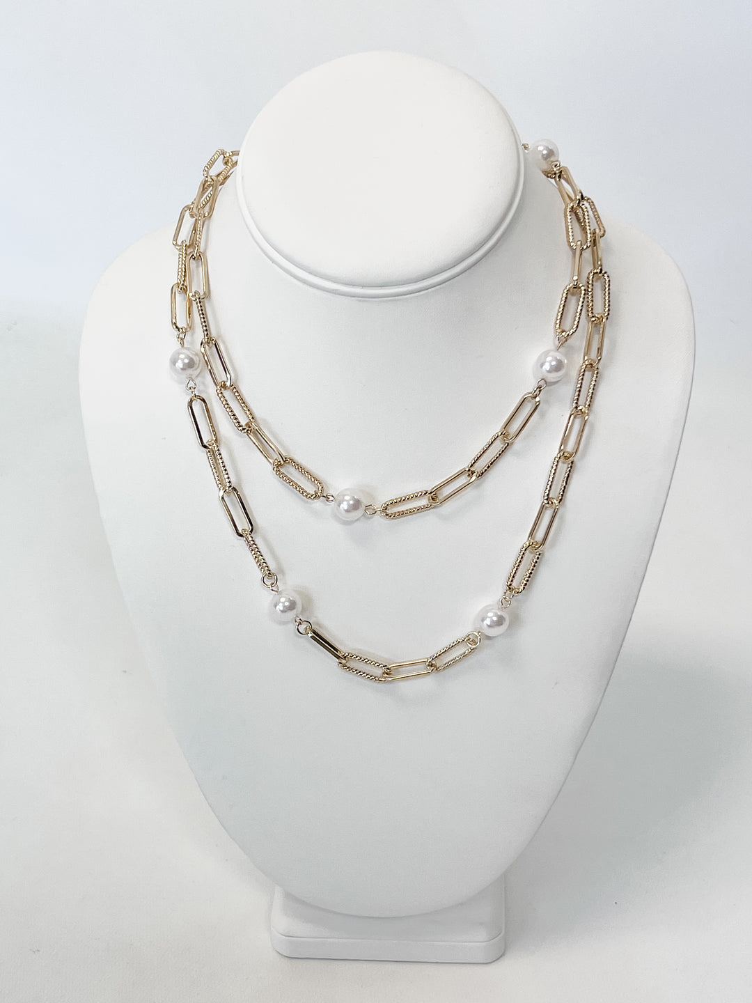 Alana - Long Gold Chain Link Necklace w/ Pearls