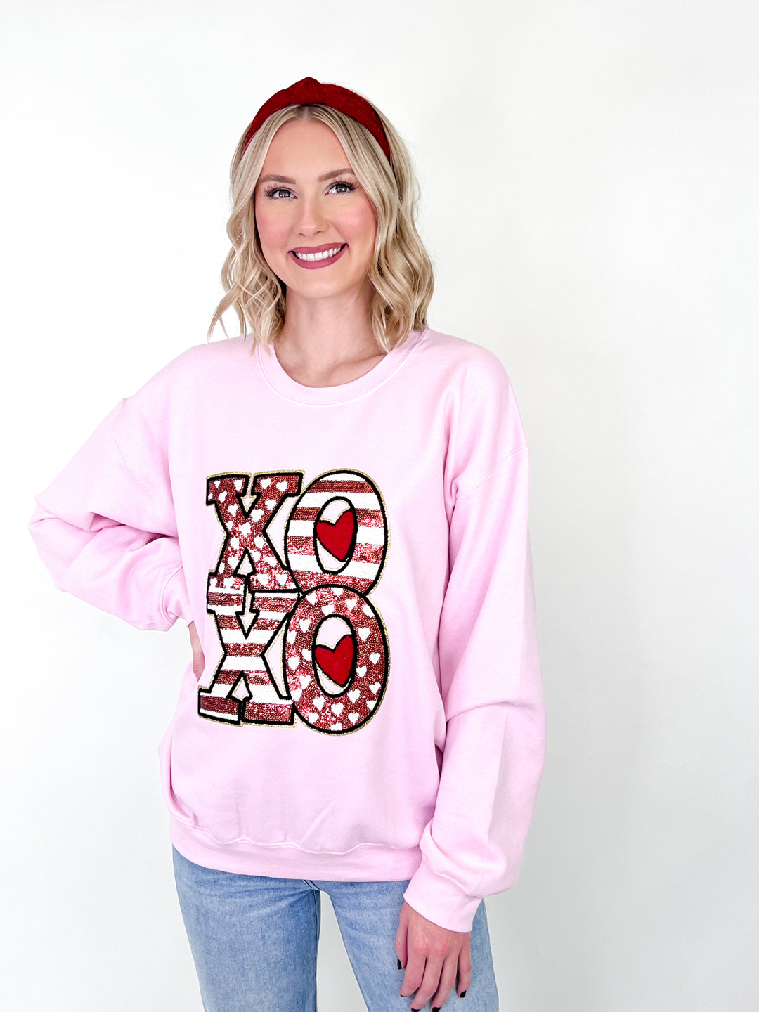 Red Striped XOXO Patch Sweatshirt (Pink)