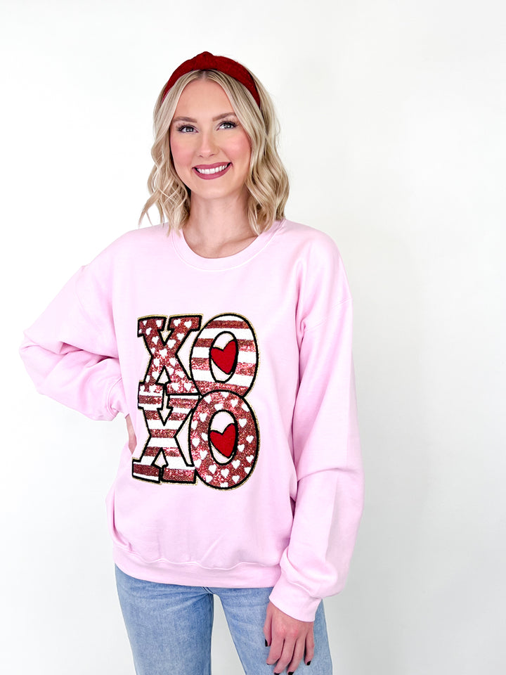 Red Striped XOXO Patch Sweatshirt (Pink)