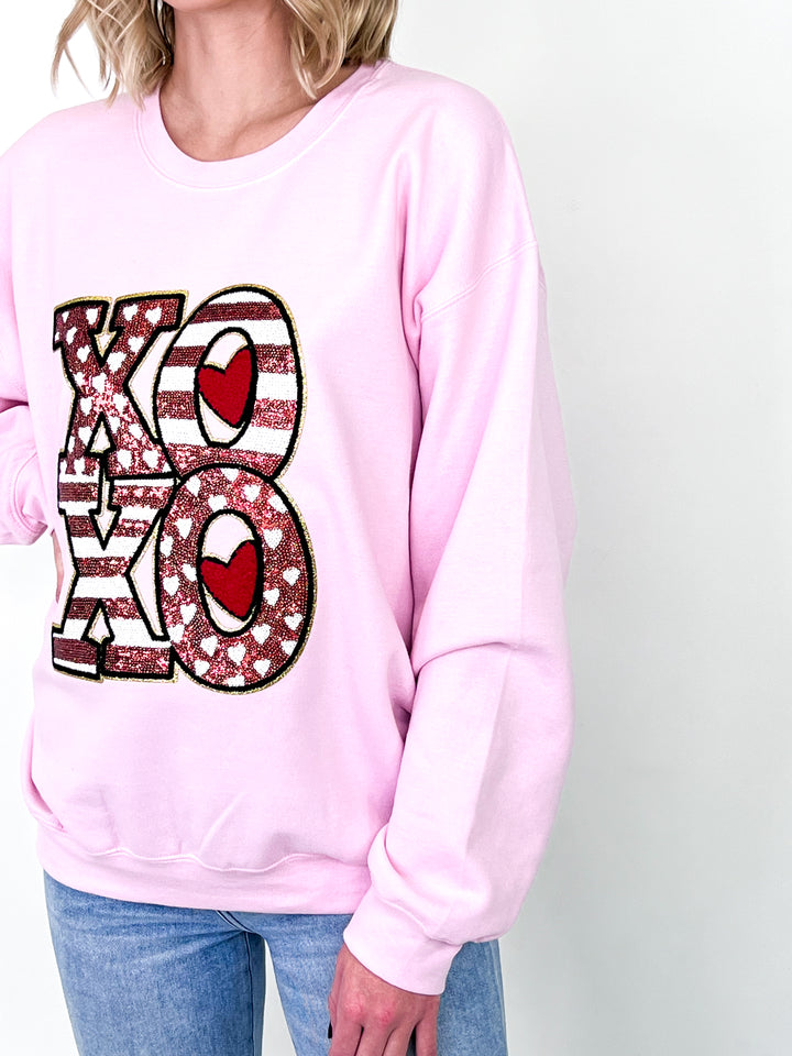 Red Striped XOXO Patch Sweatshirt (Pink)