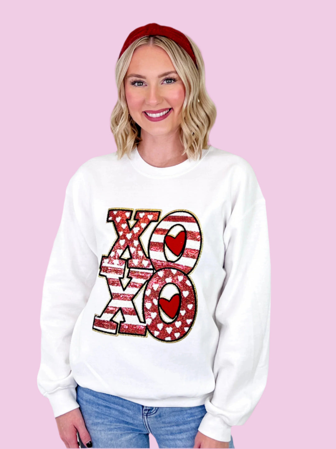 Red Striped XOXO Patch Sweatshirt (White)