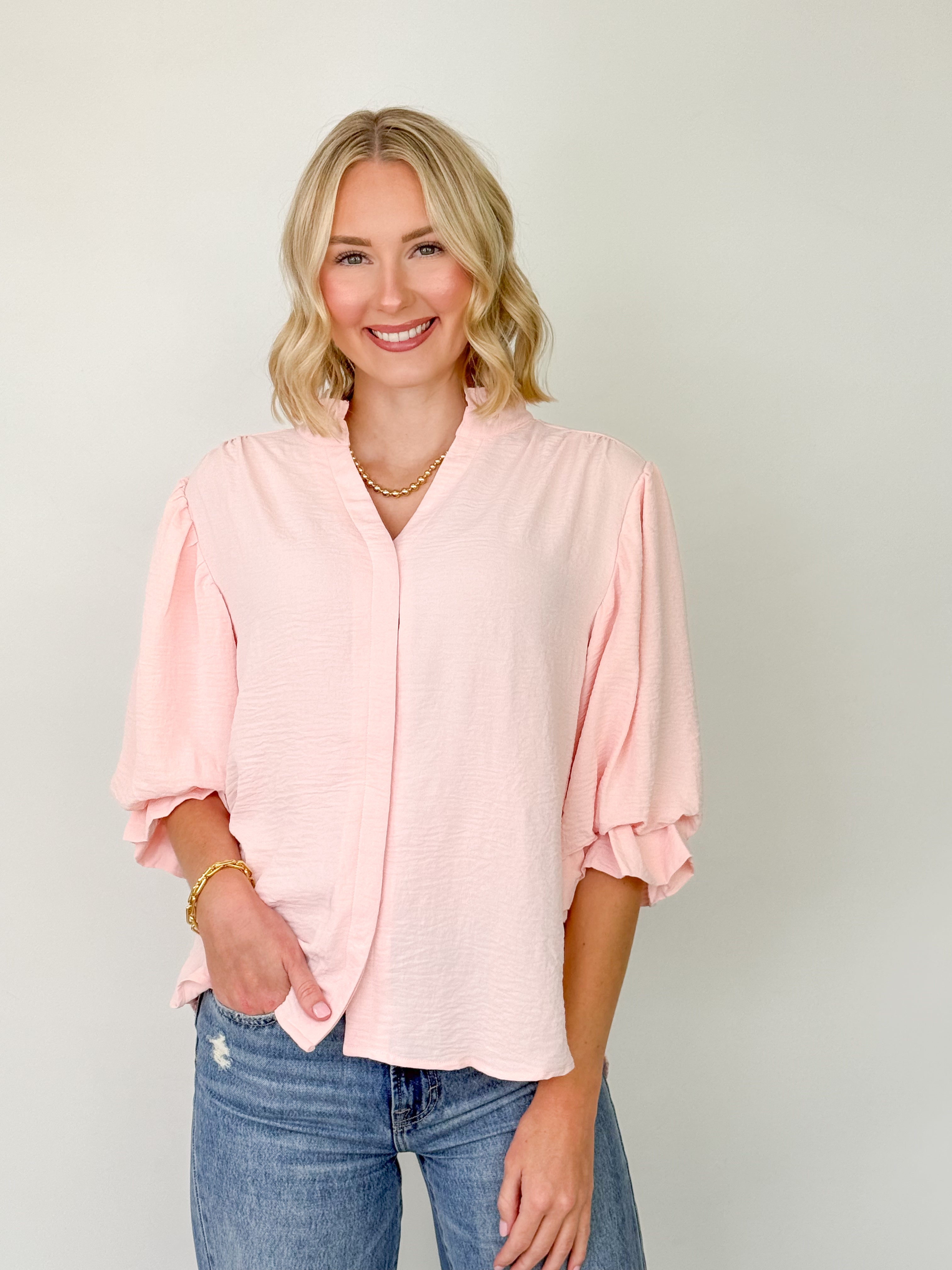Sally - 3/4 Balloon Sleeve Blouse (Pink)