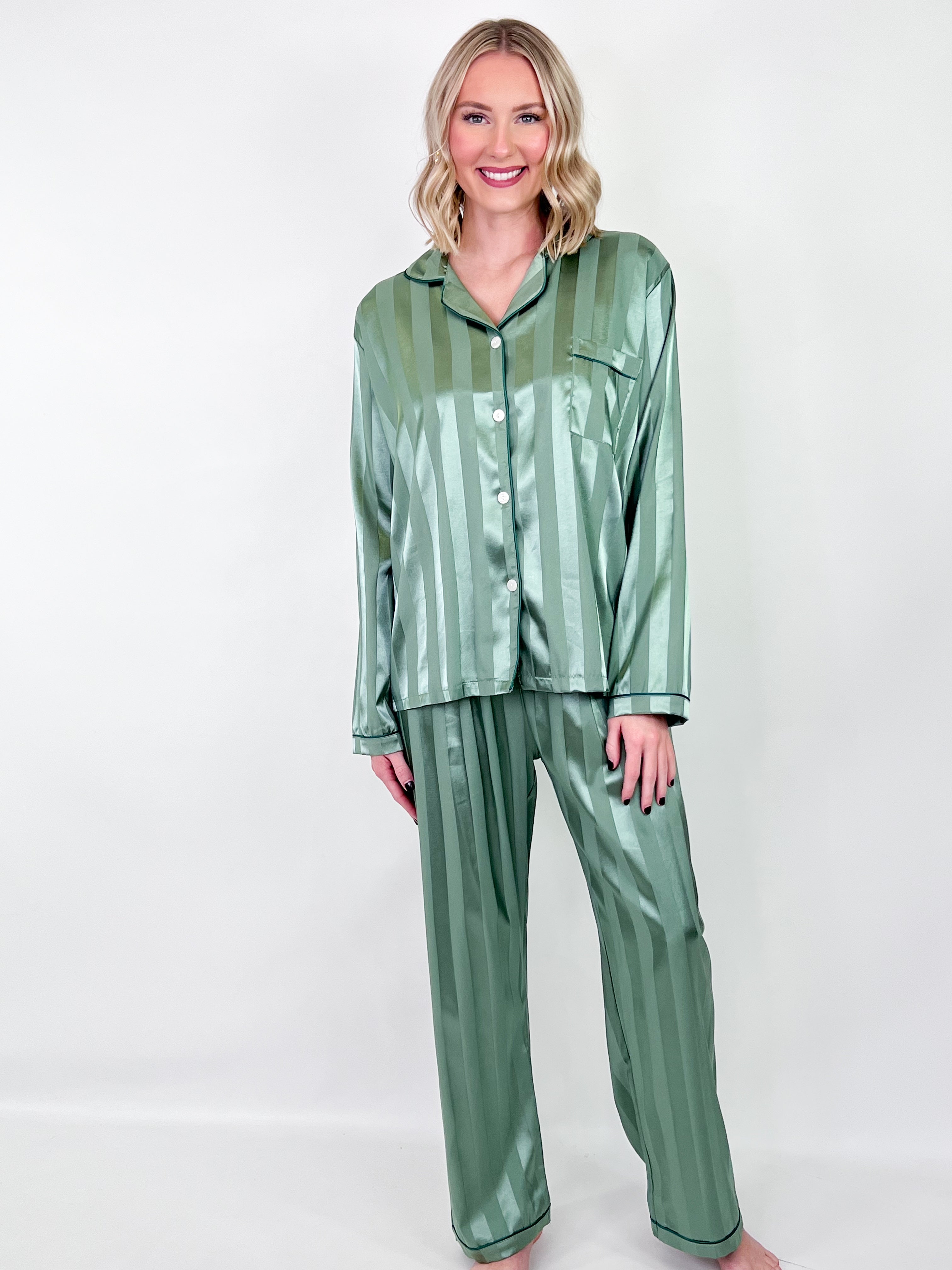 Adley - Striped Satin Pajamas (Green)