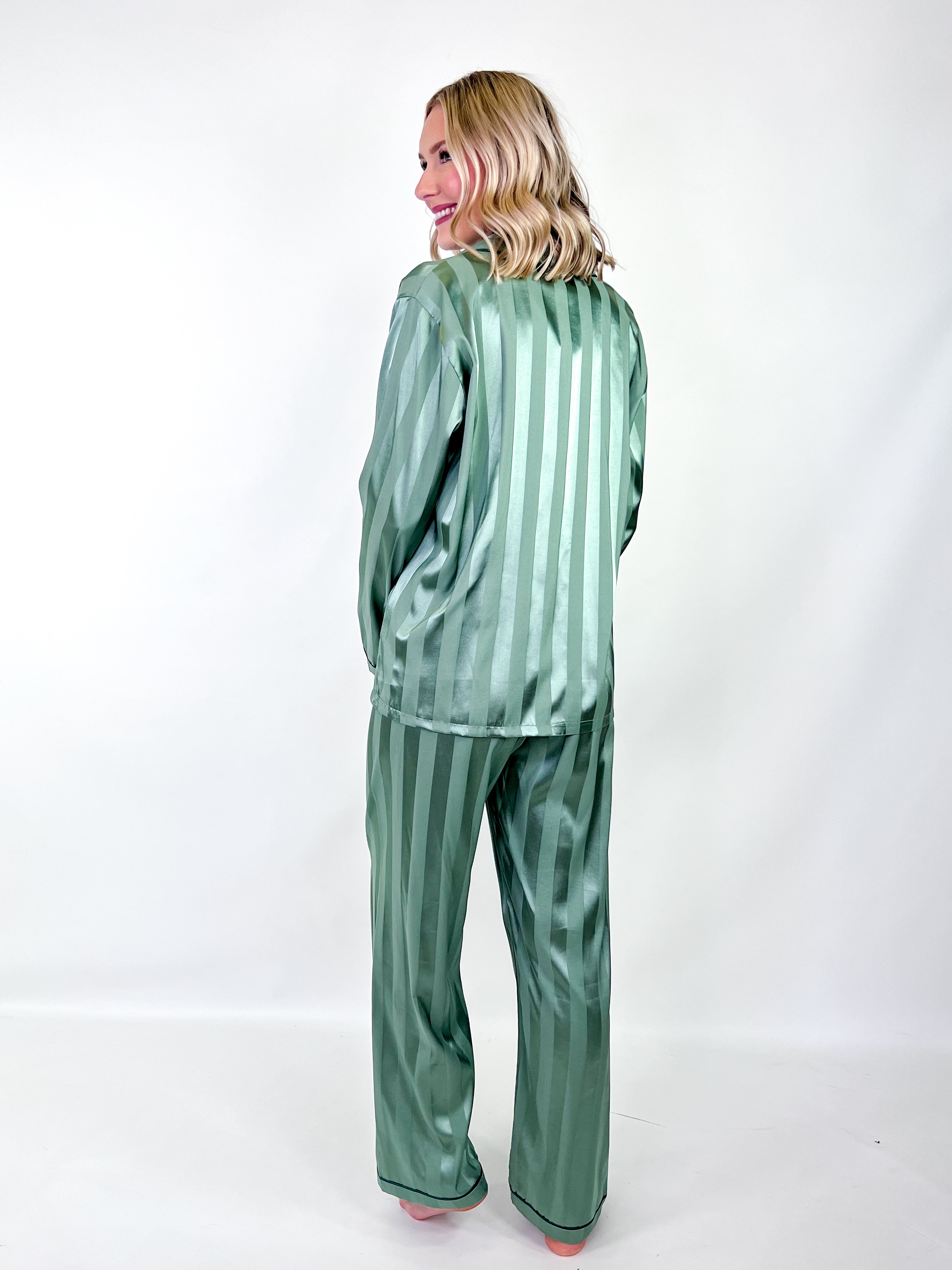Adley - Striped Satin Pajamas (Green)