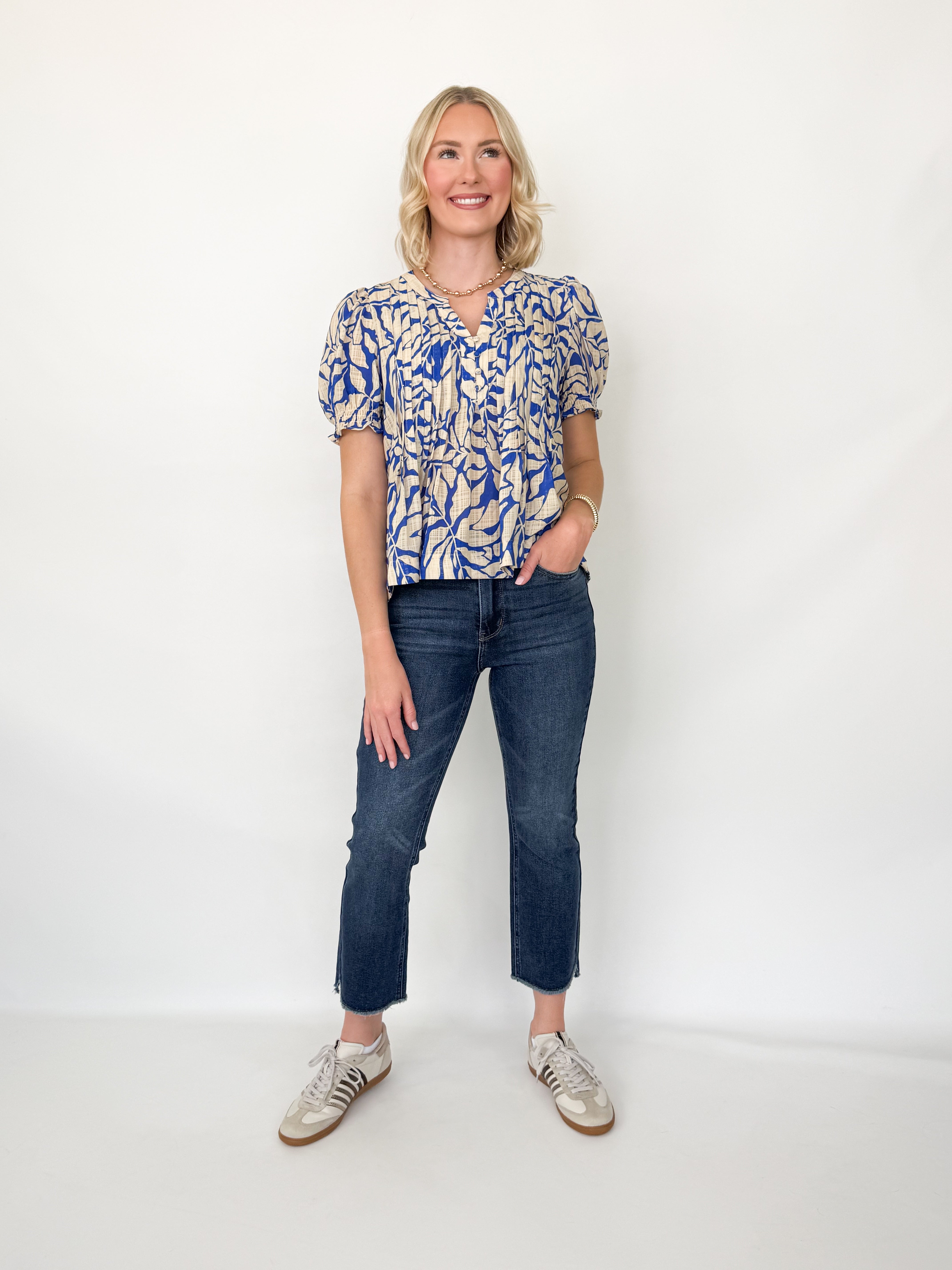 Keisha - Printed Pintuck Blouse (Blue)