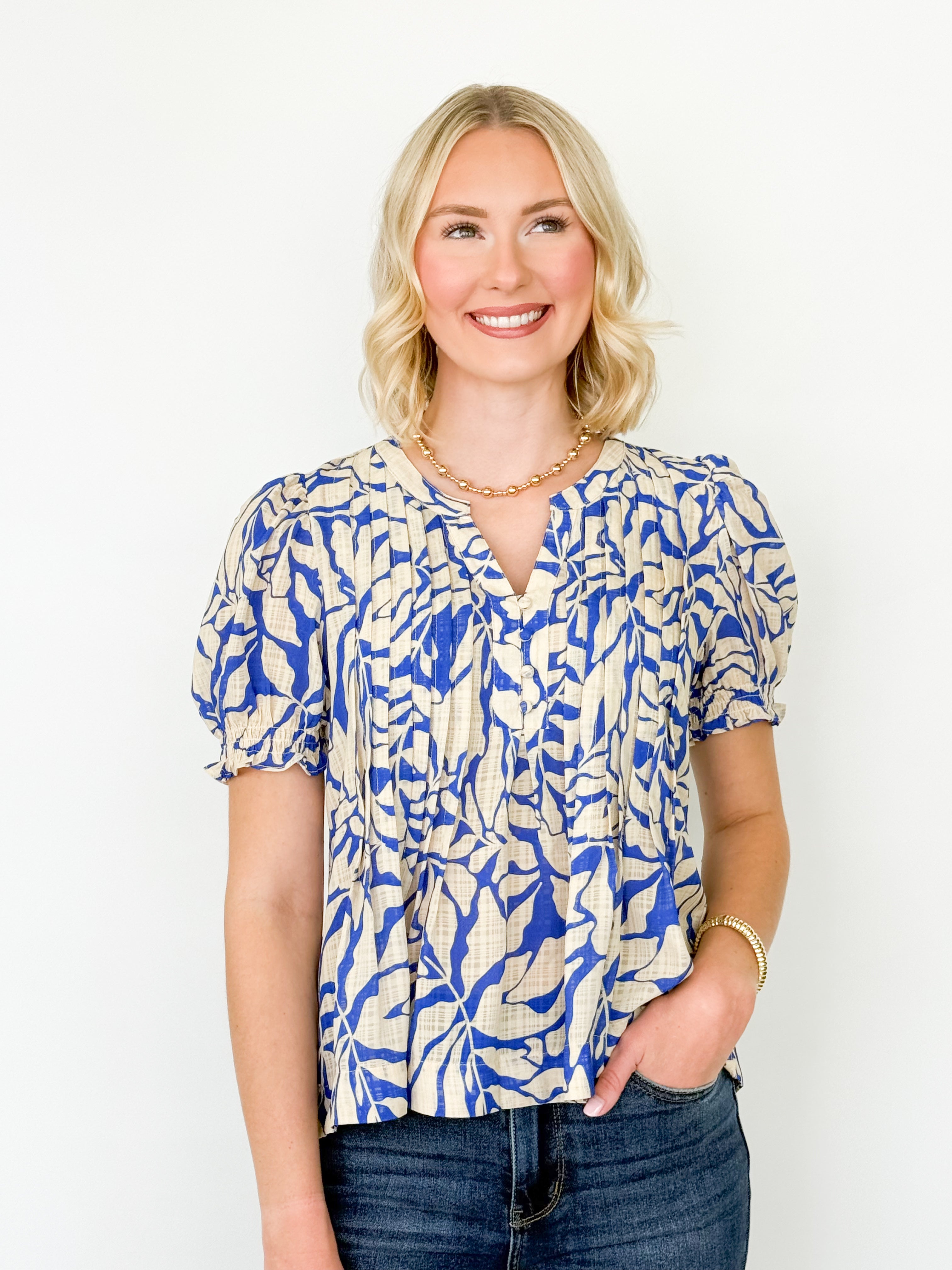 Keisha - Printed Pintuck Blouse (Blue)