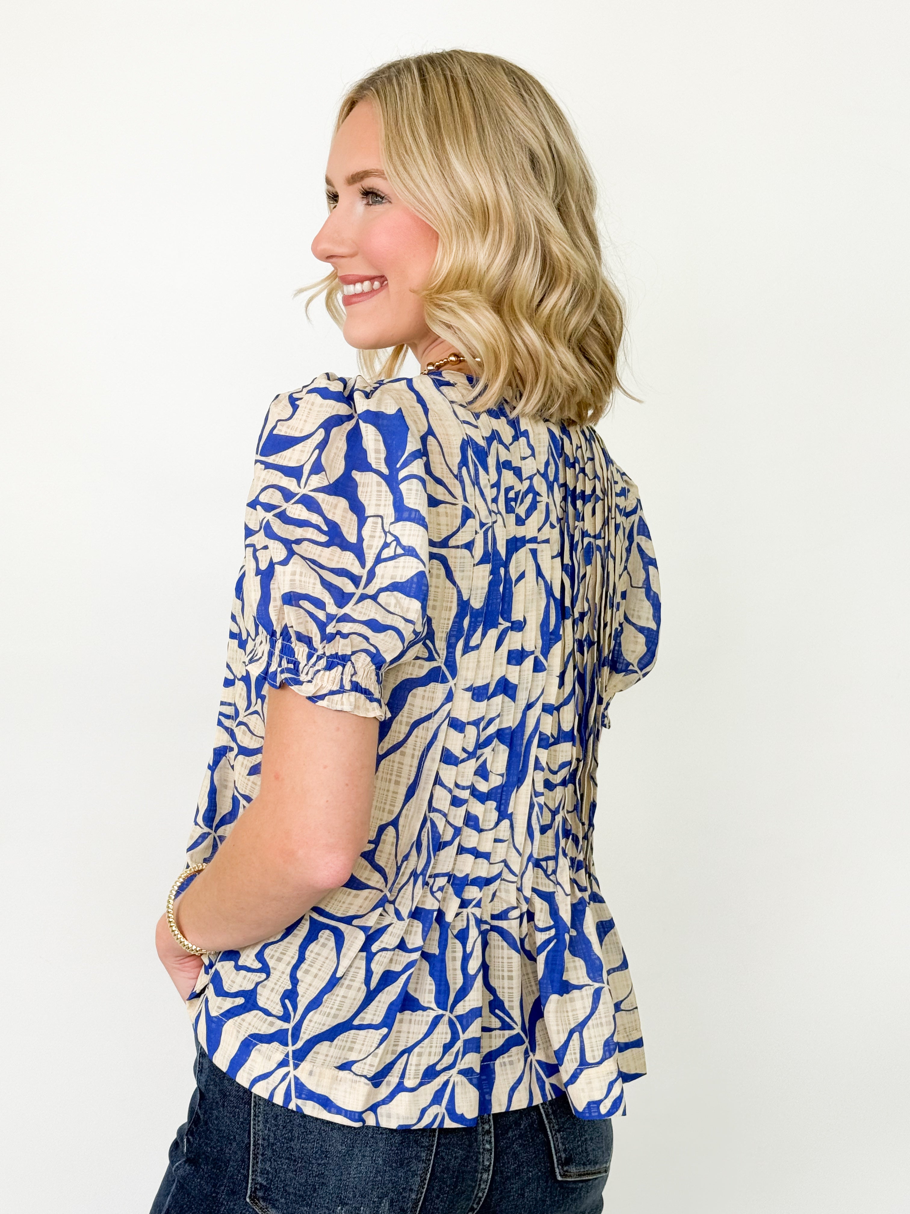 Keisha - Printed Pintuck Blouse (Blue)
