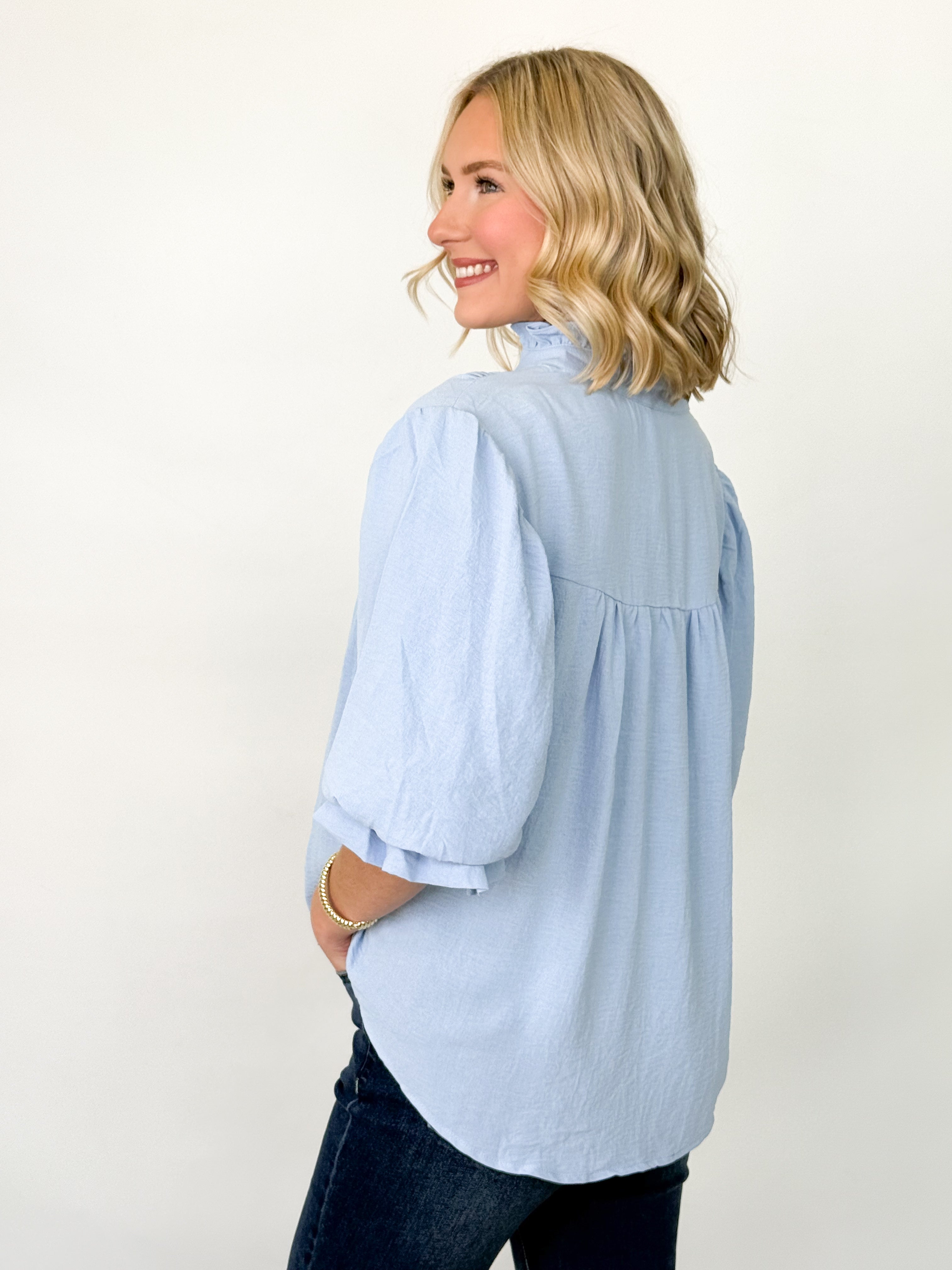 Sally - 3/4 Balloon Sleeve Blouse (Blue)