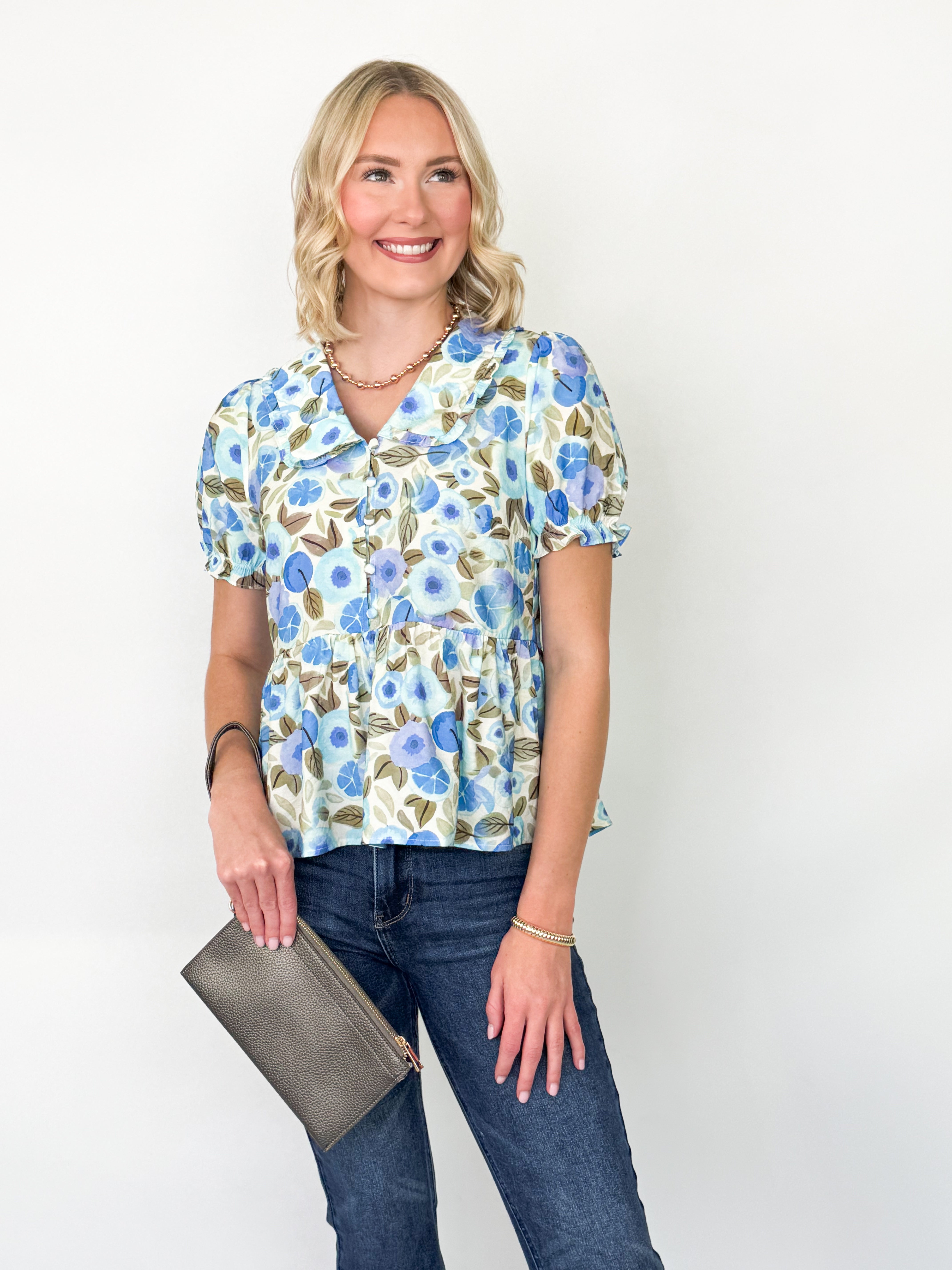 Erin - Floral Short Sleeve Collared Blouse