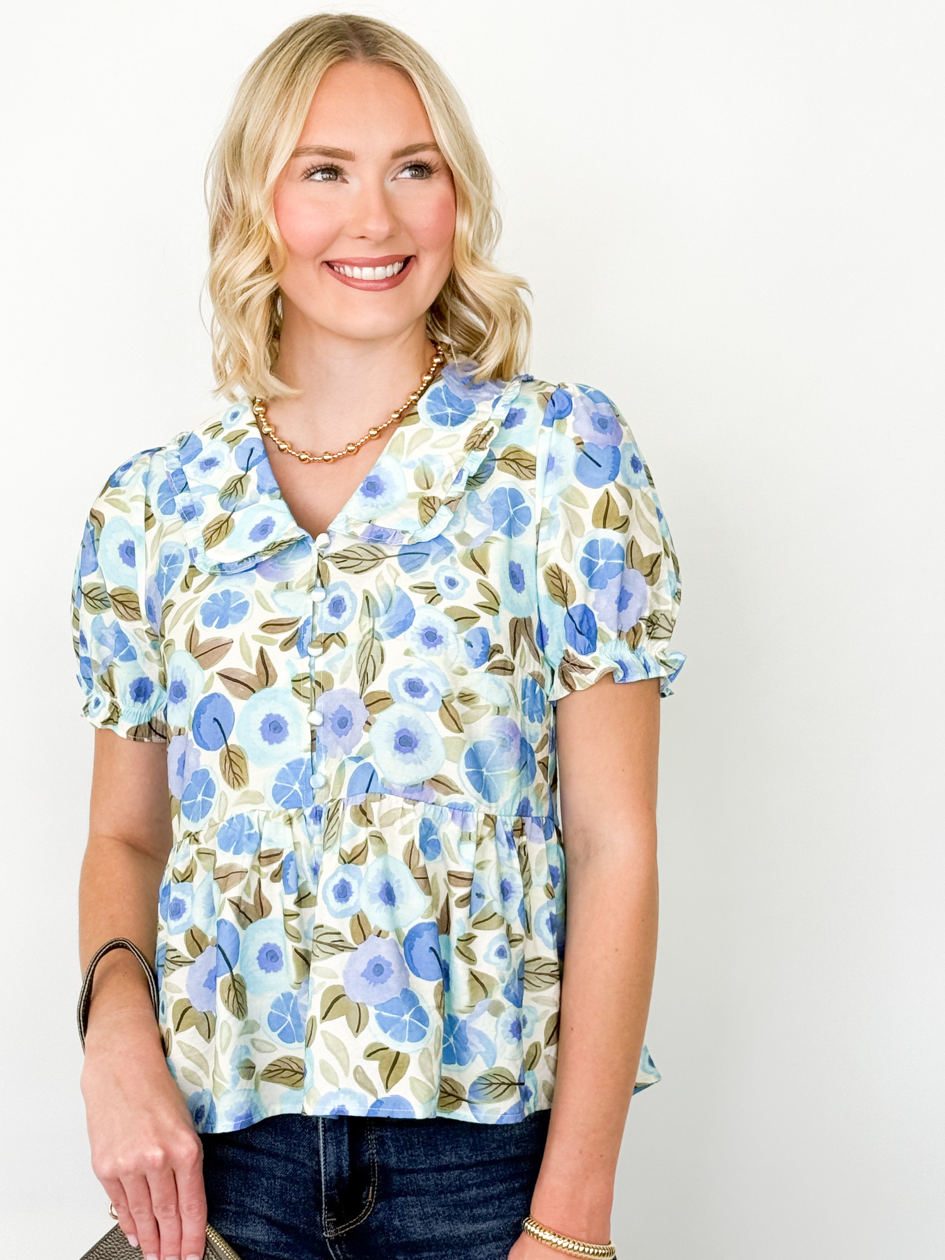 Erin - Floral Short Sleeve Collared Blouse
